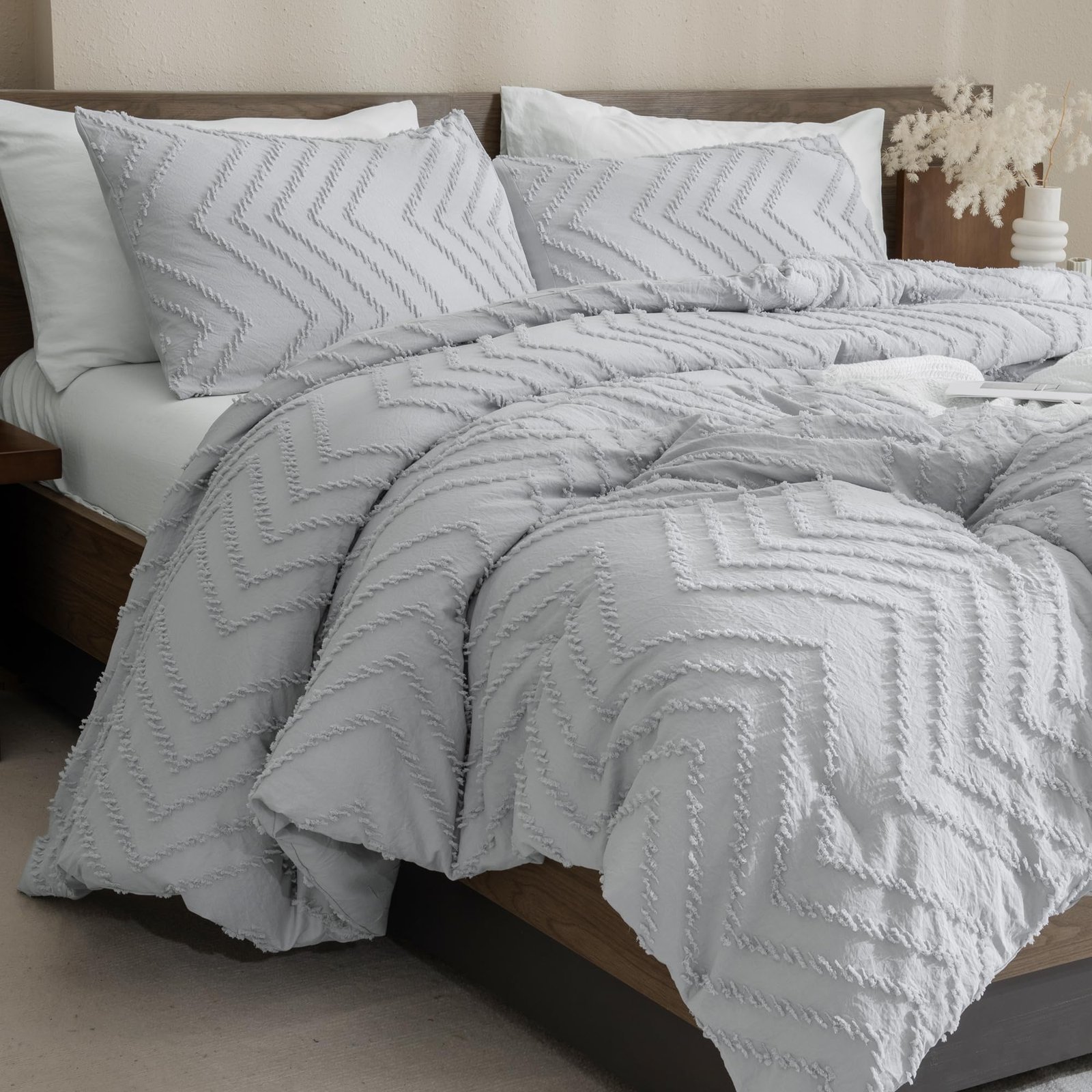 TODD GRIMES King Size Comforter Set Beige, Boho Cream Soft Warm Tufted Neutral Bedding Comforter Sets for King Size Bed, 3 Pieces Aesthetic Chevron Farmhouse Cute Bohemian Textured Bedding Set - Image 13