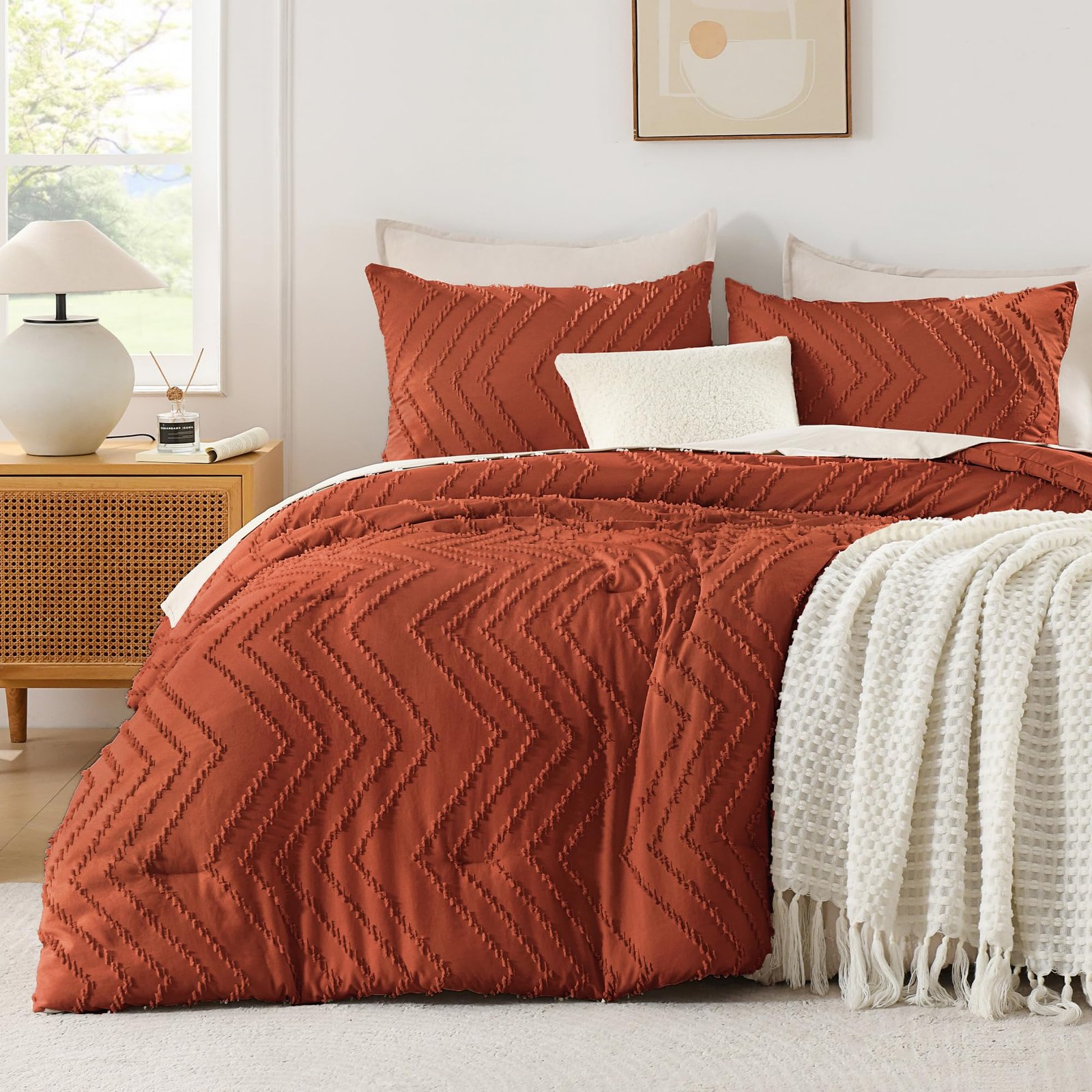 TODD GRIMES King Size Comforter Set Beige, Boho Cream Soft Warm Tufted Neutral Bedding Comforter Sets for King Size Bed, 3 Pieces Aesthetic Chevron Farmhouse Cute Bohemian Textured Bedding Set - Image 12