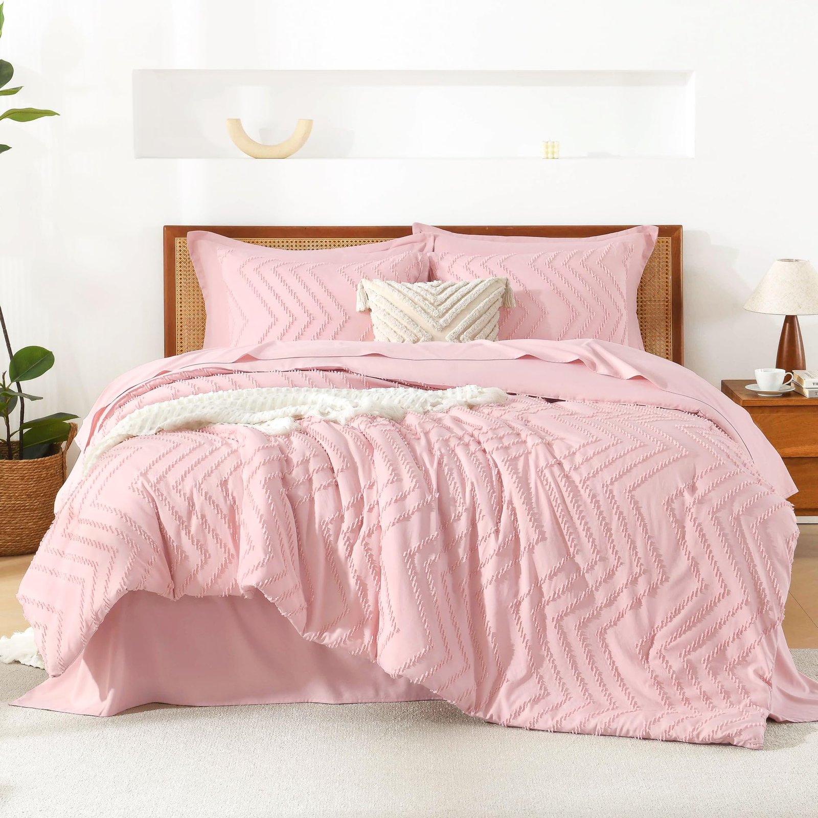 TODD GRIMES King Size Comforter Set with Sheets Beige - 7 Pieces Bed in a Bag King Chevron Tufted Boho Luxury Bedding Sets with Comforter, Sheets, Pillowcases & Shams - Image 98