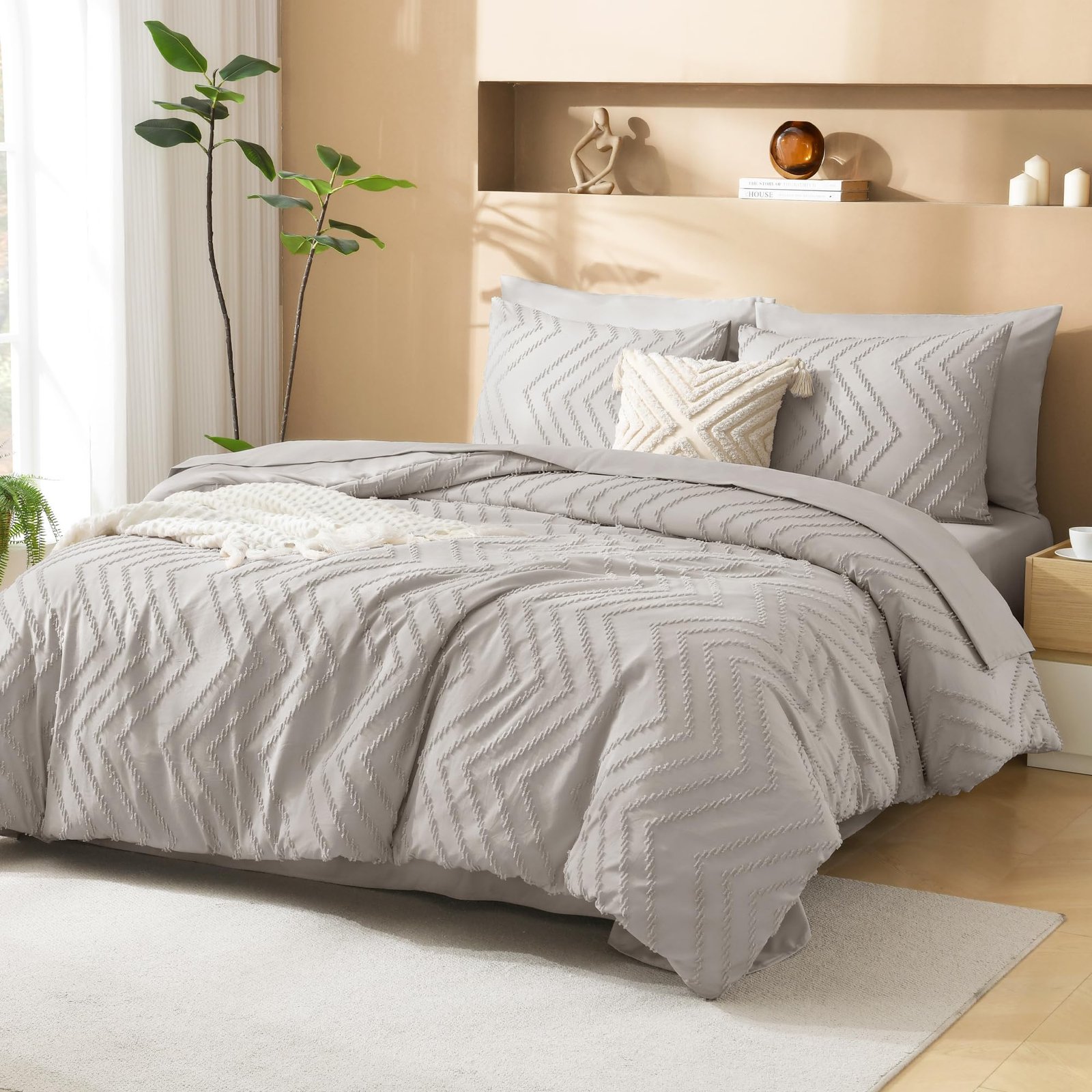 TODD GRIMES King Size Comforter Set with Sheets Beige - 7 Pieces Bed in a Bag King Chevron Tufted Boho Luxury Bedding Sets with Comforter, Sheets, Pillowcases & Shams - Image 57
