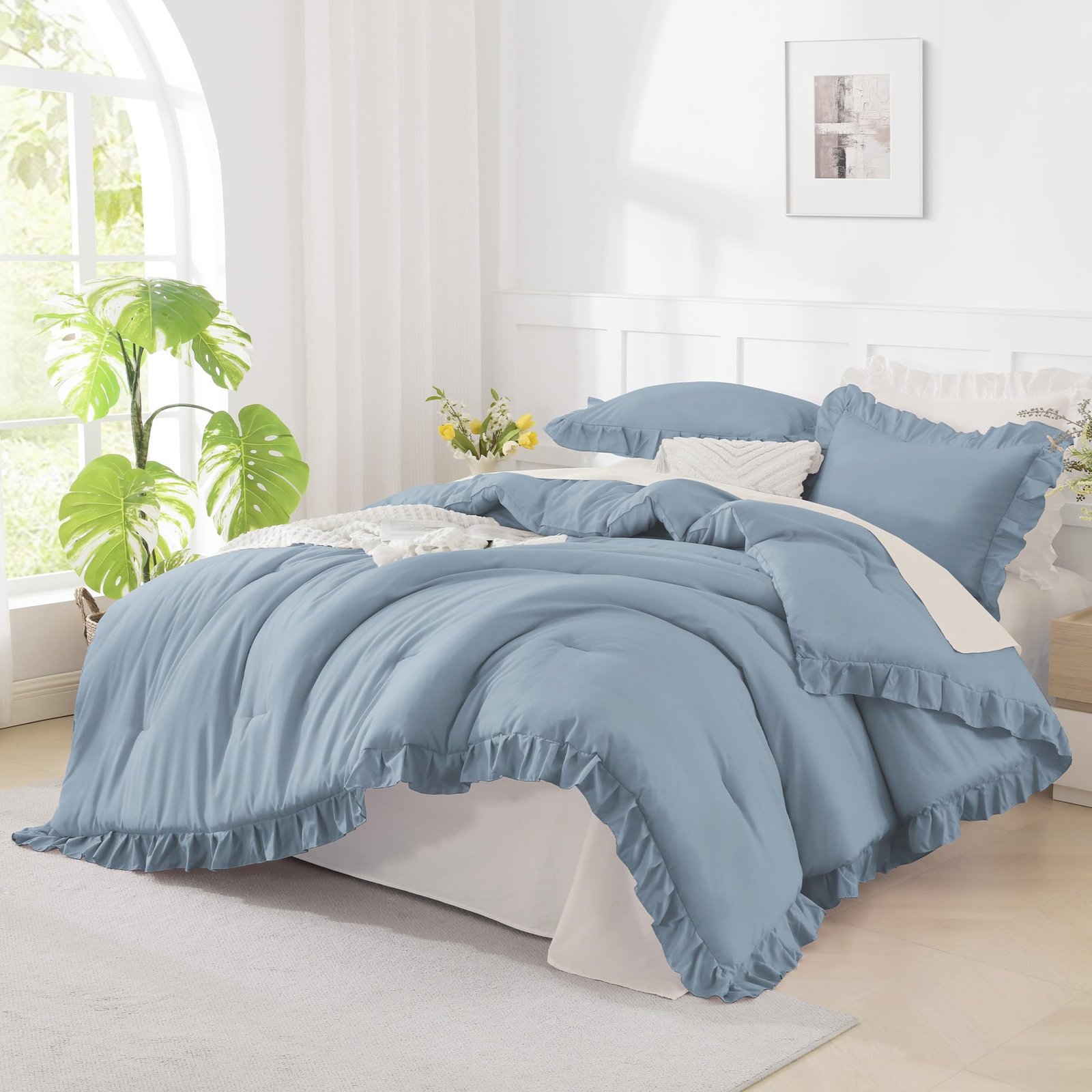 TODD GRIMES White Comforter Queen Size, 3 Pieces Ruffle Shabby Chic Farmhouse Queen Comforter Sets, All Season Lightweight Fluffy Room Decor Bed Set for Girls Women Teens Gift Choice - Image 19