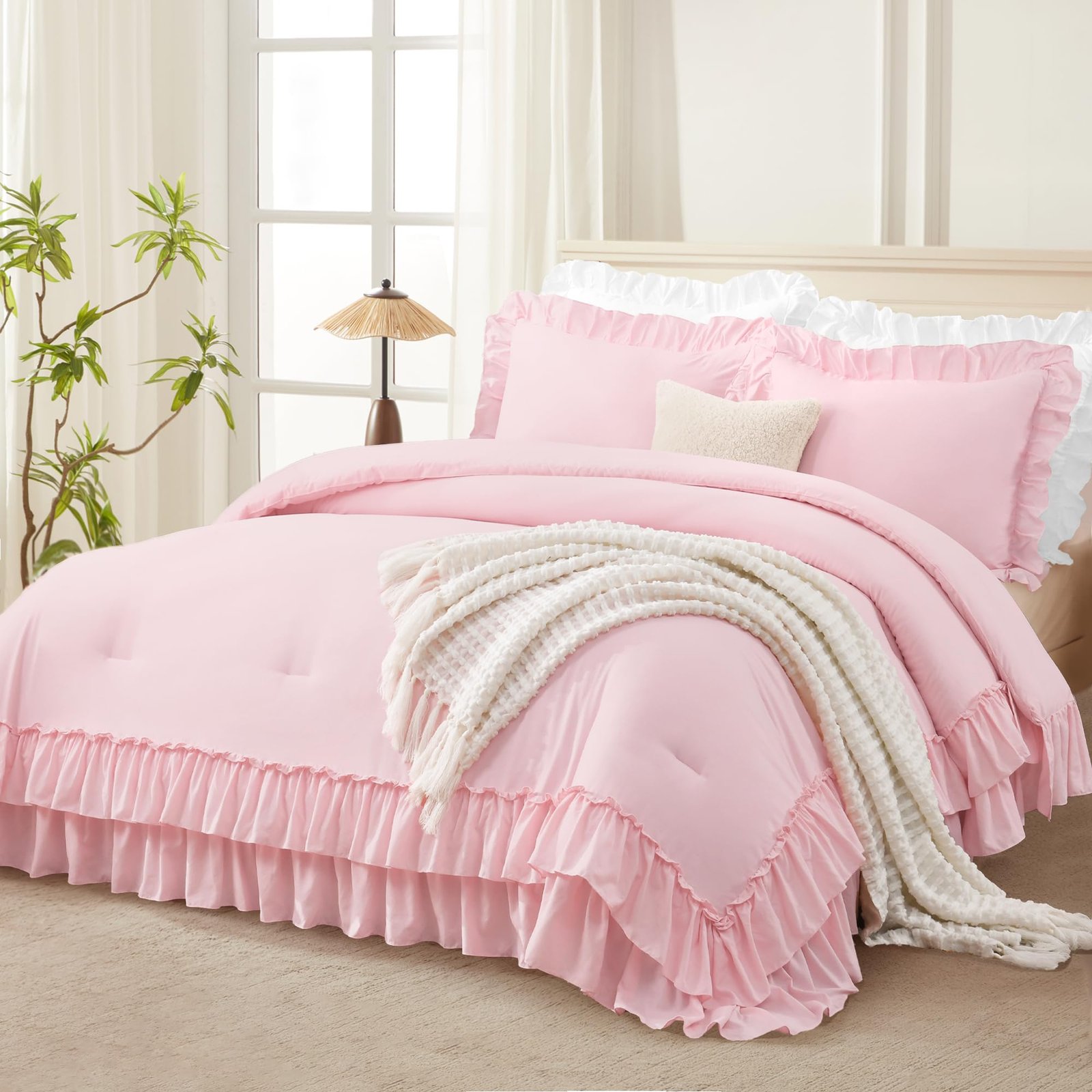TODD GRIMES White Comforter Set Queen Size, Lightweight Fluffy Farmhouse White Ruffle Bedding Set, Soft Microfiber All Season Shabby Chic Bed Comforter Set 3 Pieces(1 Ruffle Comforter 2 Pillowcases) - Image 15