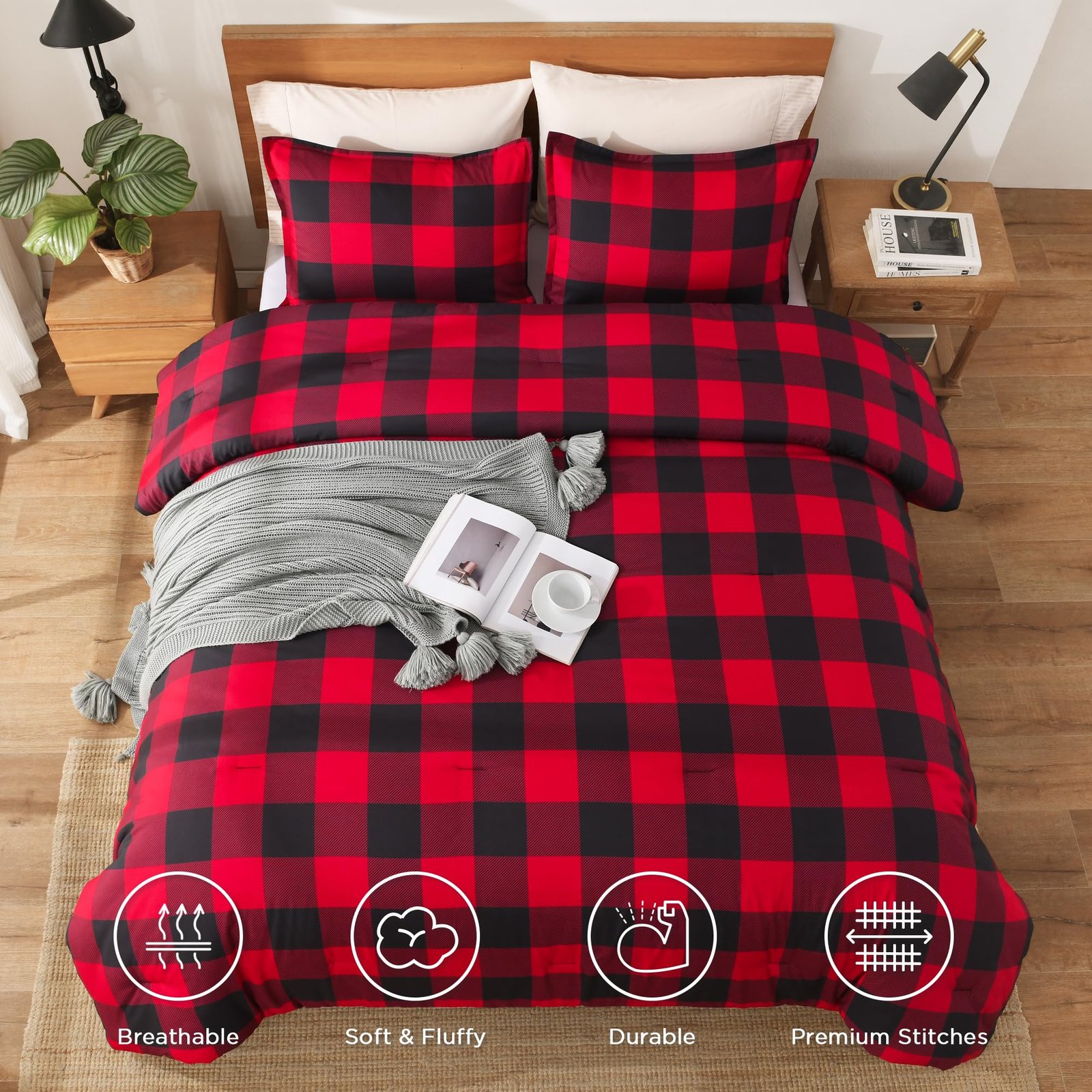 TODD GRIMES Red and Black Plaid Comforter Set King(104x90Inch), 3 Pieces Buffalo Plaid Checkered Gingham Bedding Comforter Sets, Soft Burgundy Lightweight Geometric Down Alternative Bed Set - Image 8