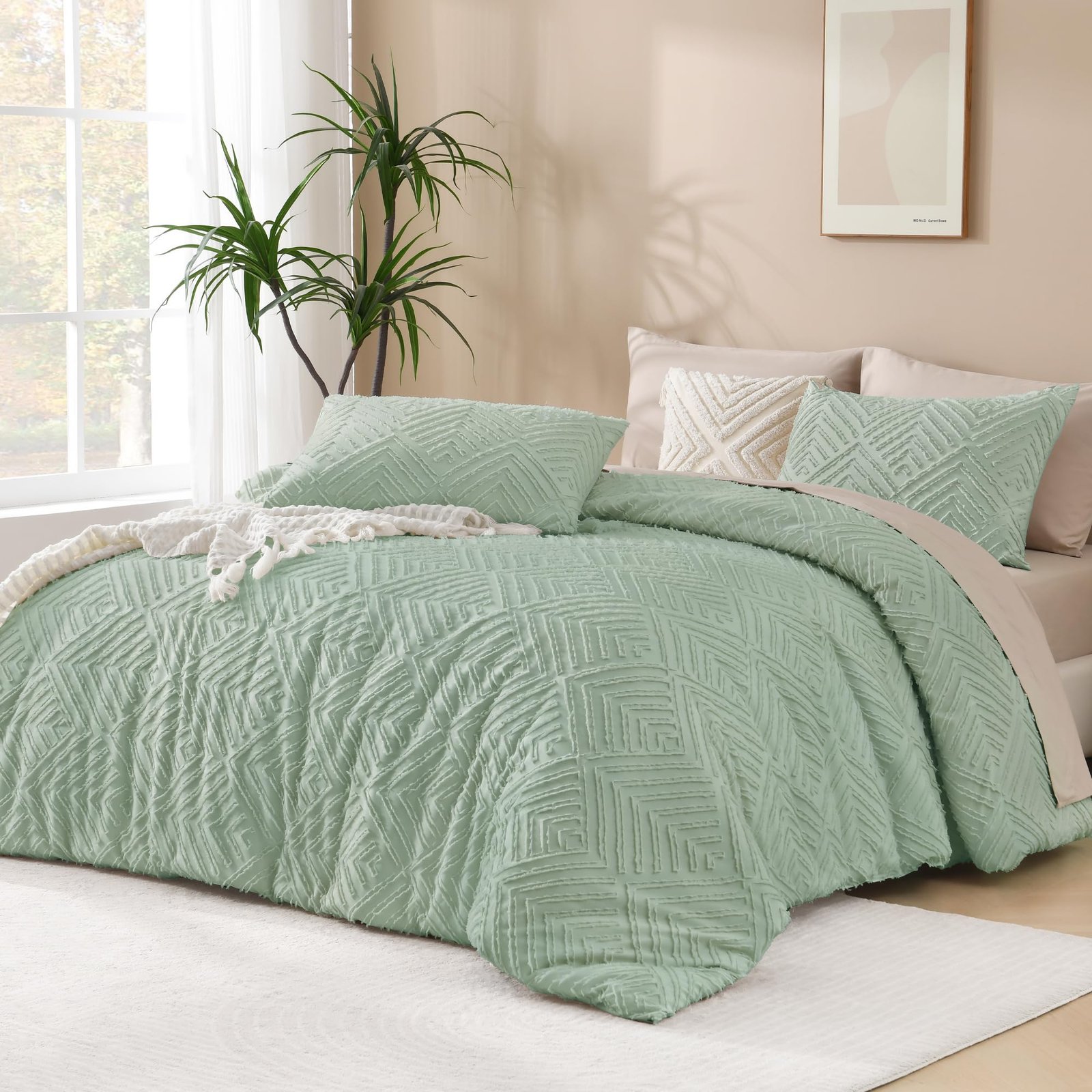 TODD GRIMES King Size Comforter Set Beige, 3 Pieces Boho King Bedding Comforter Set Cream, All Season Soft Lightweight Tufted Textured Down Alternative Comforter Fluffy Bed Set - Image 6