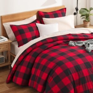 TODD GRIMES Red and Black Plaid Comforter Set King(104x90Inch), 3 Pieces Buffalo Plaid Checkered Gingham Bedding Comforter Sets, Soft Burgundy Lightweight Geometric Down Alternative Bed Set