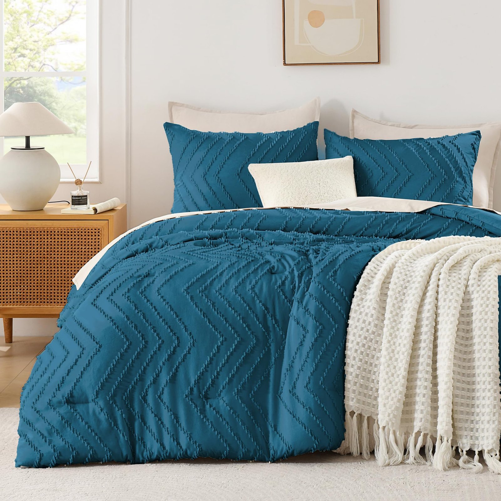 TODD GRIMES King Size Comforter Set Beige, Boho Cream Soft Warm Tufted Neutral Bedding Comforter Sets for King Size Bed, 3 Pieces Aesthetic Chevron Farmhouse Cute Bohemian Textured Bedding Set - Image 26