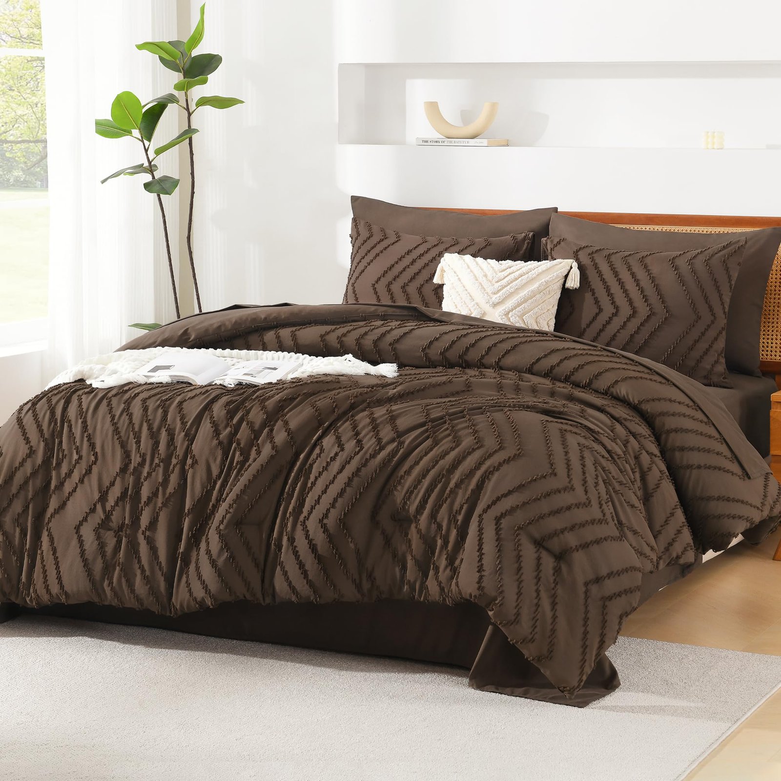 TODD GRIMES King Size Comforter Set with Sheets Beige - 7 Pieces Bed in a Bag King Chevron Tufted Boho Luxury Bedding Sets with Comforter, Sheets, Pillowcases & Shams - Image 63