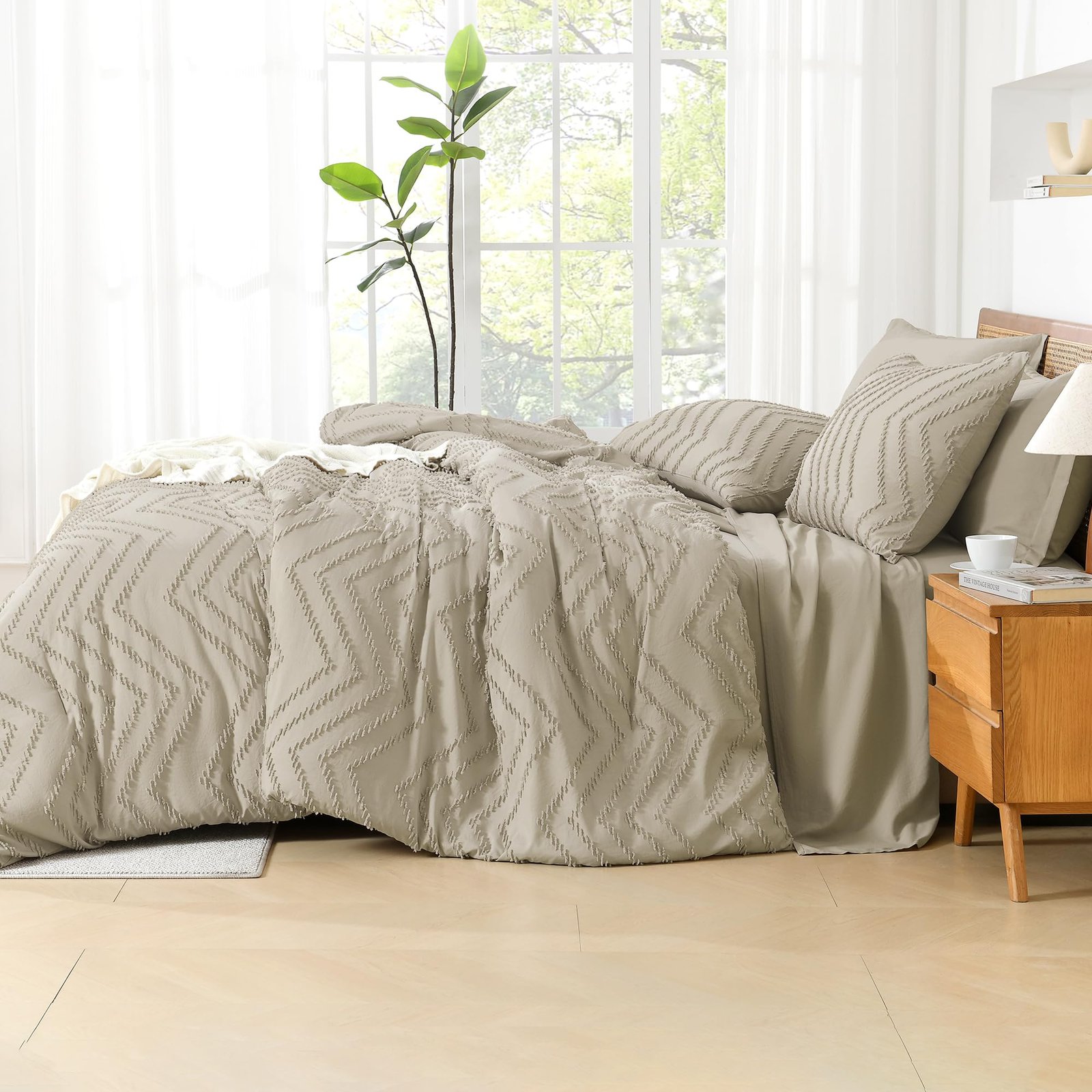 TODD GRIMES King Size Comforter Set with Sheets Beige - 7 Pieces Bed in a Bag King Chevron Tufted Boho Luxury Bedding Sets with Comforter, Sheets, Pillowcases & Shams - Image 31