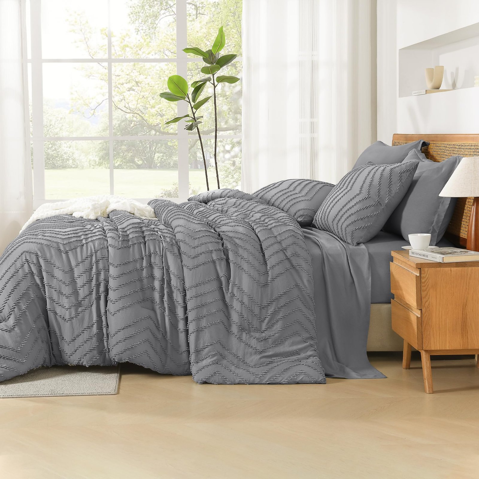 TODD GRIMES King Size Comforter Set with Sheets Beige - 7 Pieces Bed in a Bag King Chevron Tufted Boho Luxury Bedding Sets with Comforter, Sheets, Pillowcases & Shams - Image 68