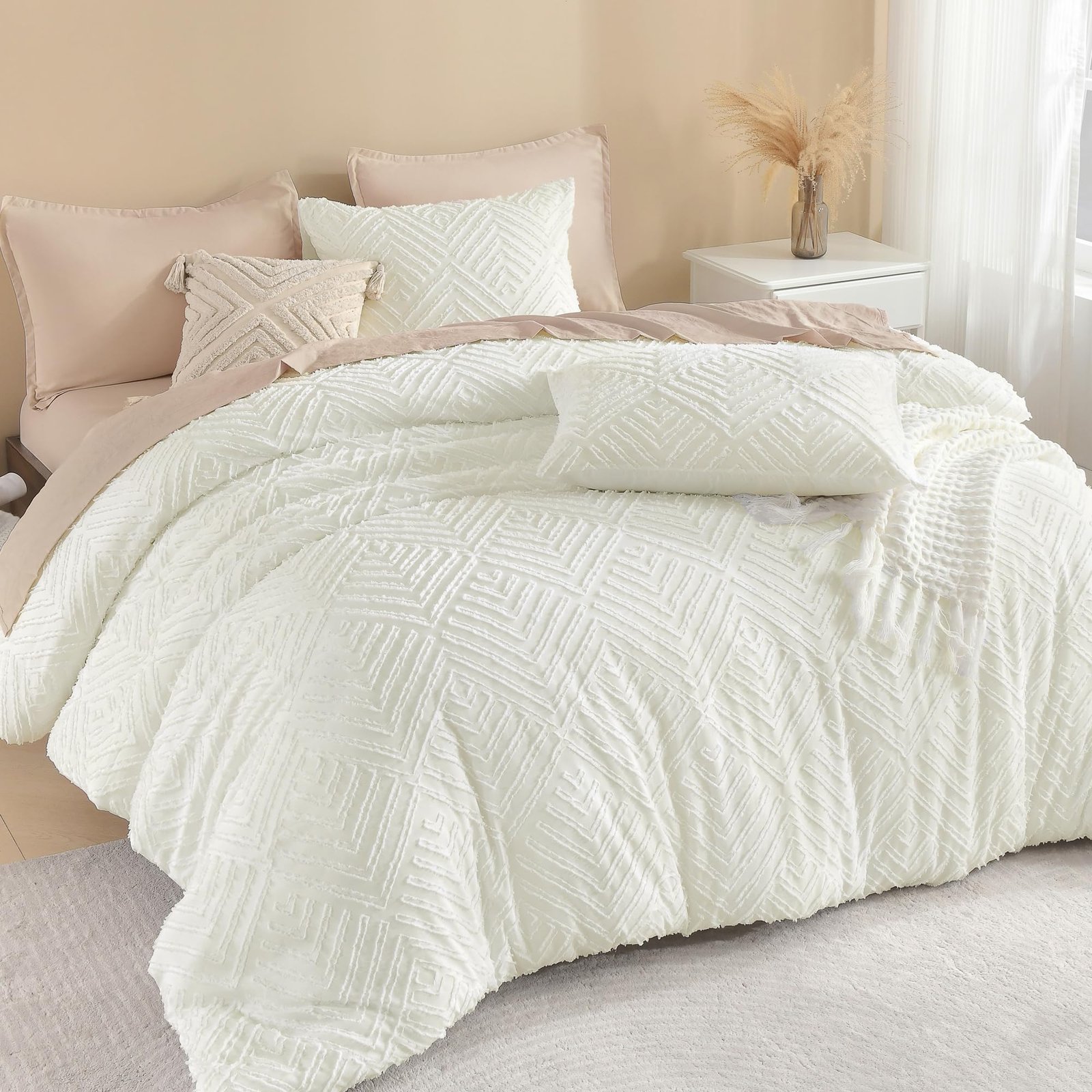 TODD GRIMES Comforter King Size Set Oatmeal, 3 Pieces Boho Tufted Farmhouse Bedding Comforter Sets, Lightweight Fluffy Comforter Bed Set for All Season (104x90In Comforter and 2 Pillowcases) - Image 7