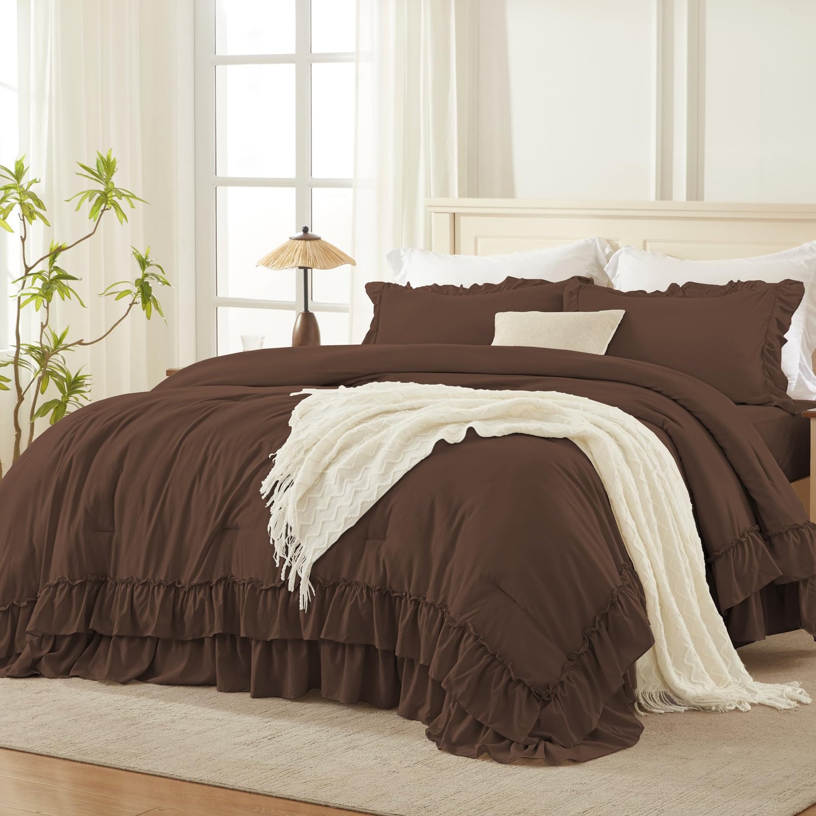 TODD GRIMES White Comforter Set Queen Size, Lightweight Fluffy Farmhouse White Ruffle Bedding Set, Soft Microfiber All Season Shabby Chic Bed Comforter Set 3 Pieces(1 Ruffle Comforter 2 Pillowcases) - Image 8
