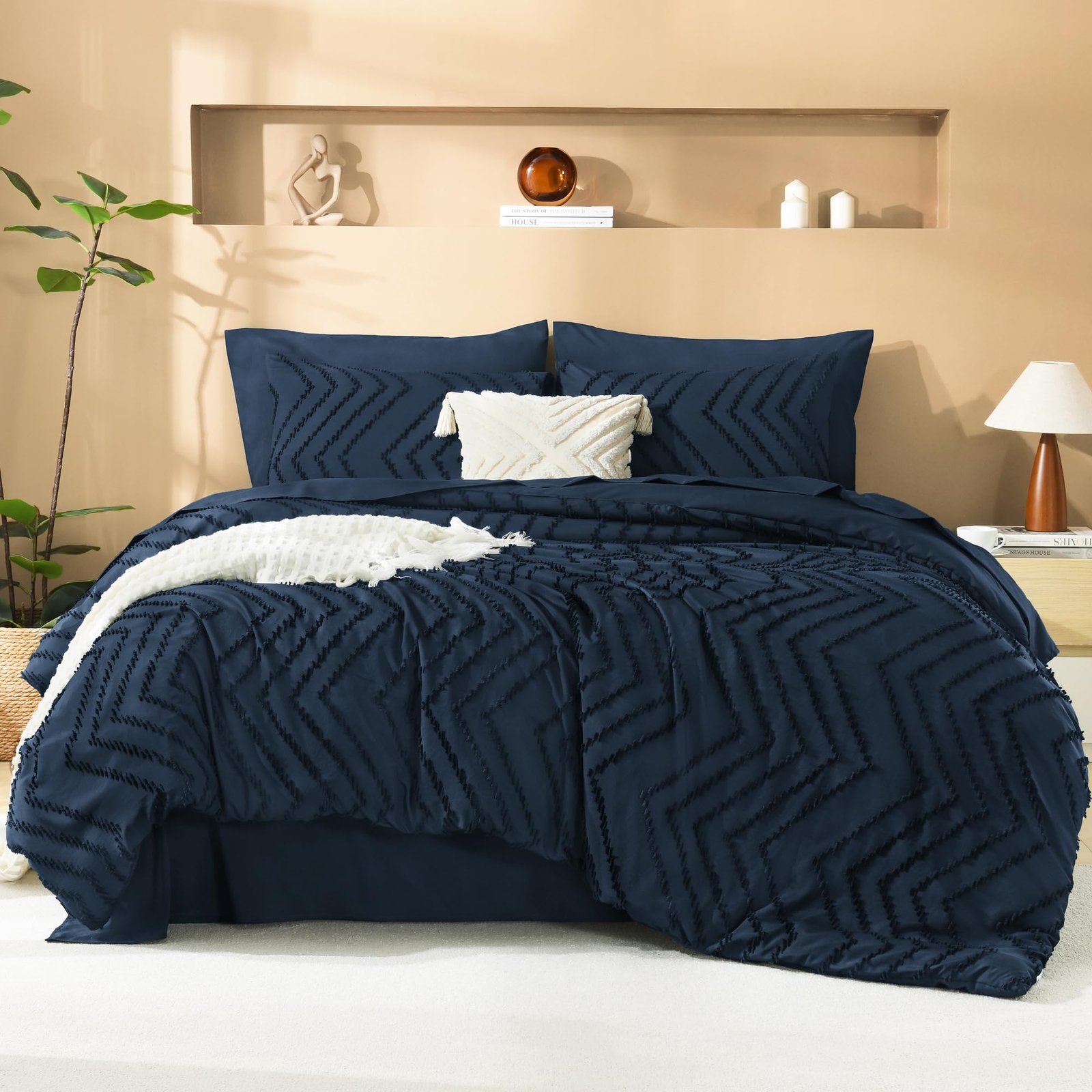 TODD GRIMES King Size Comforter Set with Sheets Beige - 7 Pieces Bed in a Bag King Chevron Tufted Boho Luxury Bedding Sets with Comforter, Sheets, Pillowcases & Shams - Image 7