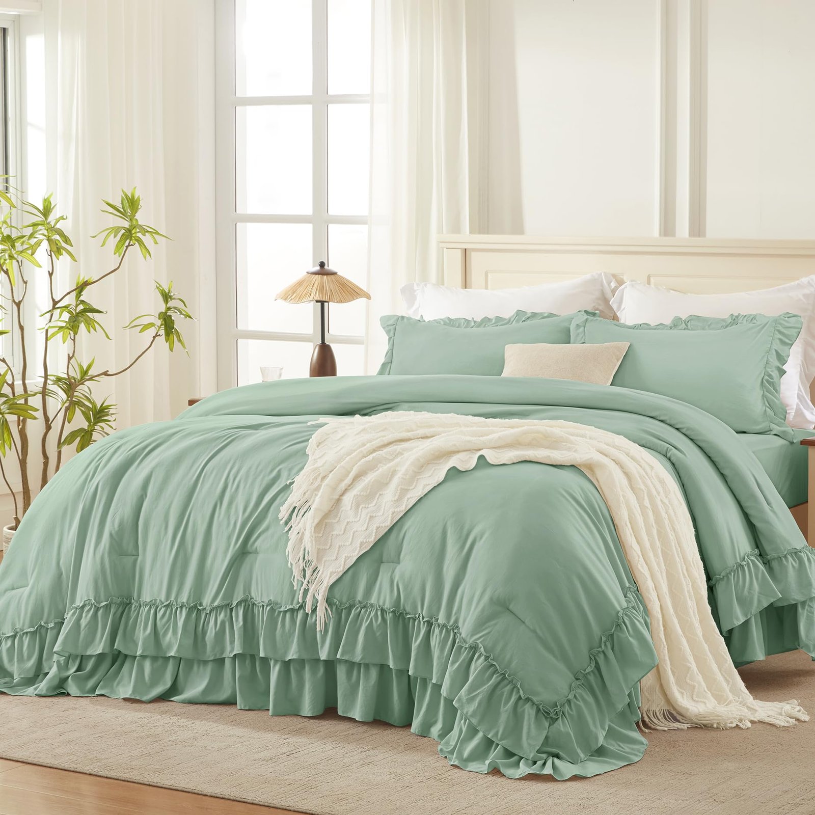 TODD GRIMES White Comforter Set Queen Size, Lightweight Fluffy Farmhouse White Ruffle Bedding Set, Soft Microfiber All Season Shabby Chic Bed Comforter Set 3 Pieces(1 Ruffle Comforter 2 Pillowcases) - Image 17