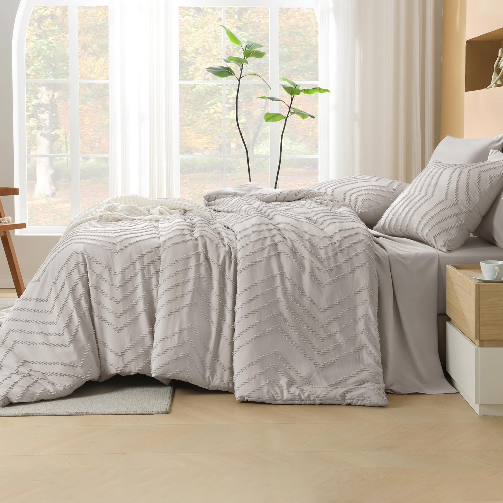 TODD GRIMES King Size Comforter Set with Sheets Beige - 7 Pieces Bed in a Bag King Chevron Tufted Boho Luxury Bedding Sets with Comforter, Sheets, Pillowcases & Shams - Image 59
