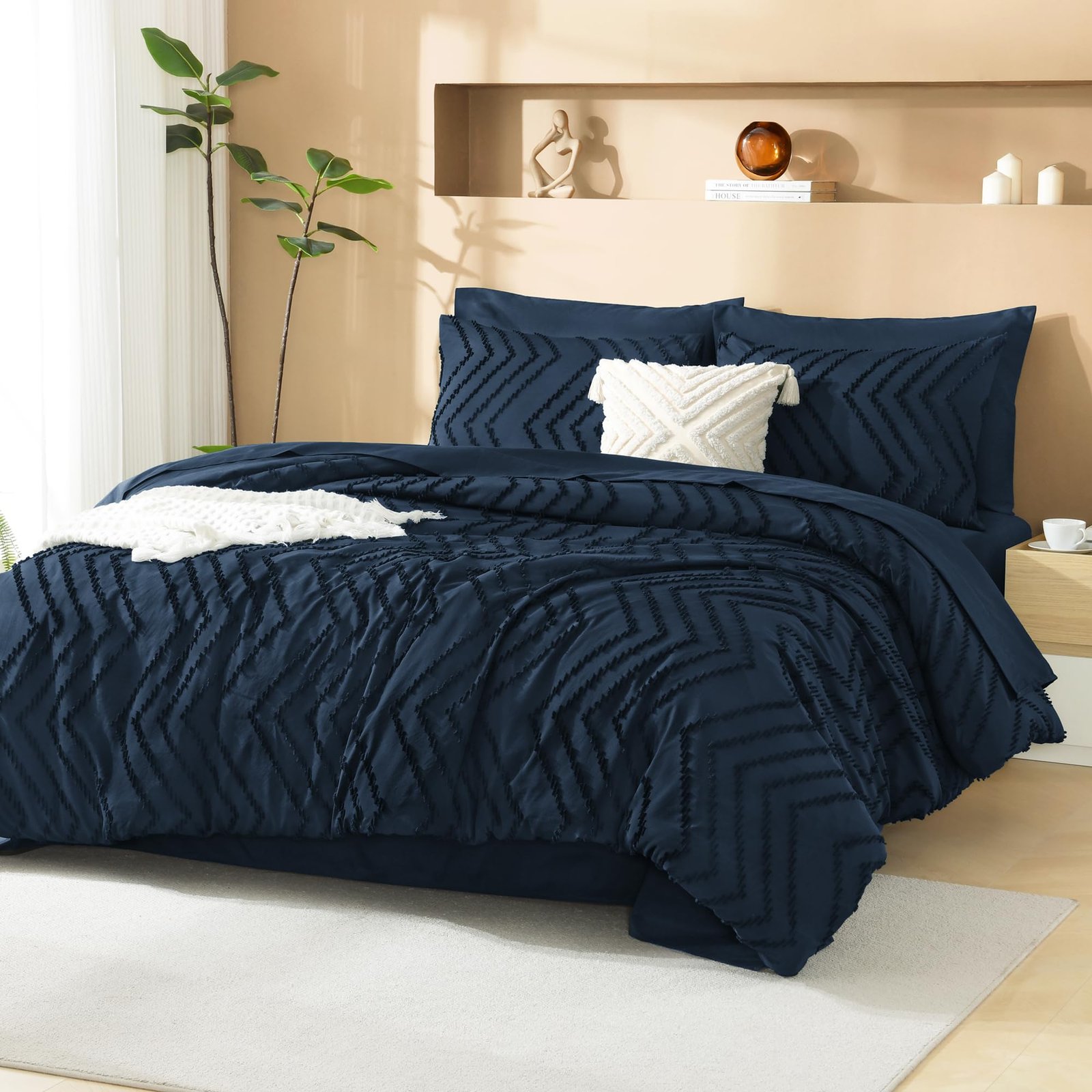 TODD GRIMES King Size Comforter Set with Sheets Beige - 7 Pieces Bed in a Bag King Chevron Tufted Boho Luxury Bedding Sets with Comforter, Sheets, Pillowcases & Shams - Image 8