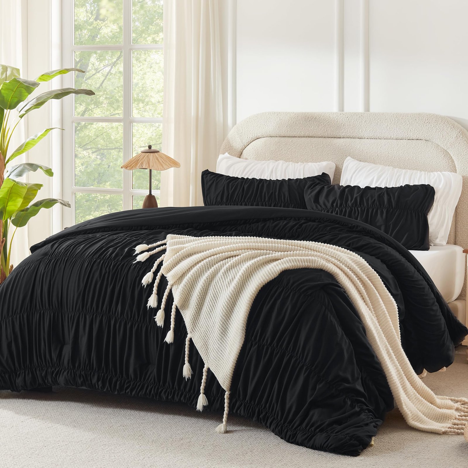 TODD GRIMES Ruched Beige Queen Comforter Set, Shabby Chic Pleated Bedding Sets 3 Pieces, Lightweight Soft Boho Ruffle Bed Set for Girls, Kids, Women, All Season - Image 2