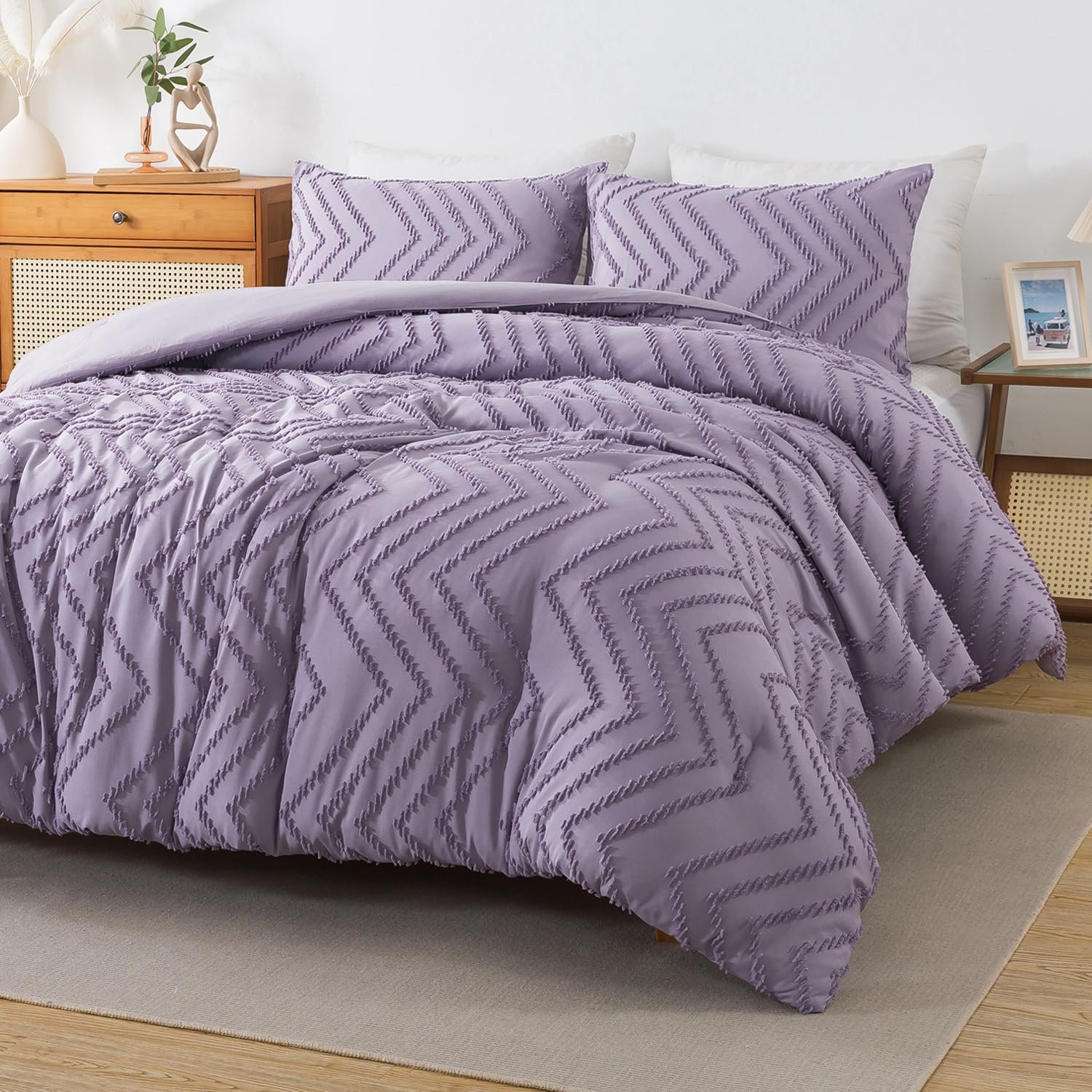 TODD GRIMES King Size Comforter Set Beige, Boho Cream Soft Warm Tufted Neutral Bedding Comforter Sets for King Size Bed, 3 Pieces Aesthetic Chevron Farmhouse Cute Bohemian Textured Bedding Set - Image 16