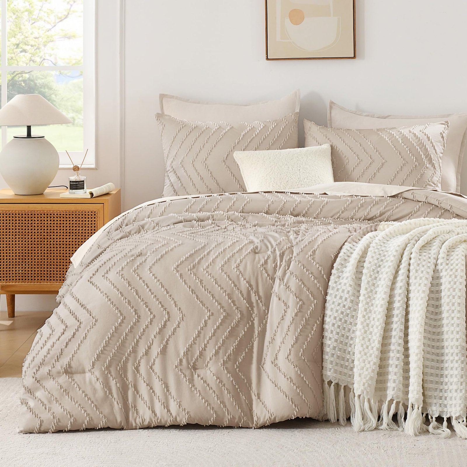 TODD GRIMES King Size Comforter Set Beige, Boho Cream Soft Warm Tufted Neutral Bedding Comforter Sets for King Size Bed, 3 Pieces Aesthetic Chevron Farmhouse Cute Bohemian Textured Bedding Set - Image 23