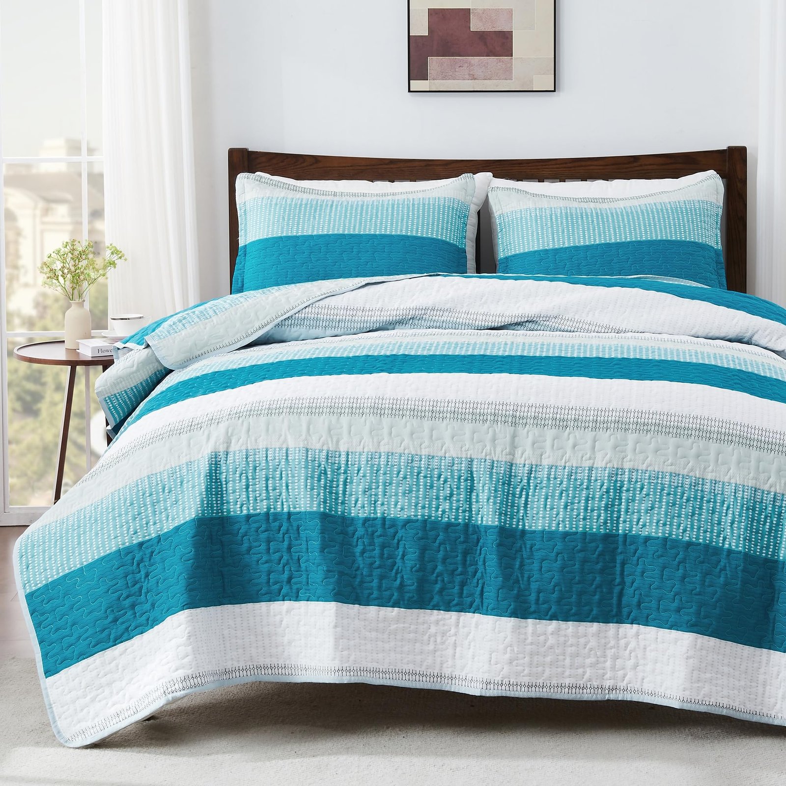 TODD GRIMES King Size Quilt Set Sage Green, 3 Pieces Mint Green Ultra Soft Lightweight Bedspreads & Coverlets Set, Patchwork Striped Quilted Bedding Sets for All Seasons (1 Quilt, 2 Pillow Shams) - Image 8