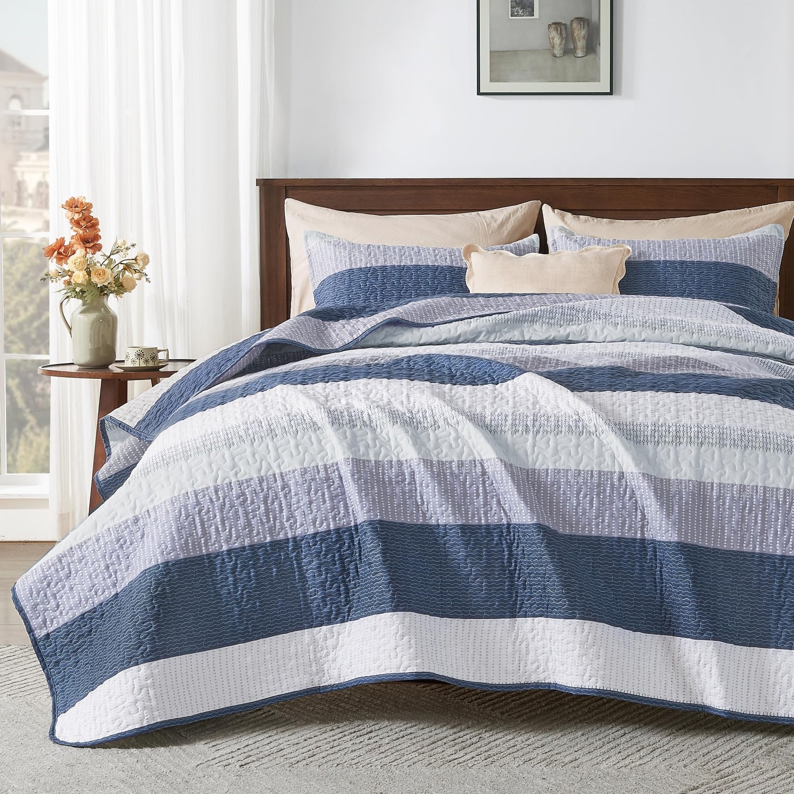 TODD GRIMES King Size Quilt Set Sage Green, 3 Pieces Mint Green Ultra Soft Lightweight Bedspreads & Coverlets Set, Patchwork Striped Quilted Bedding Sets for All Seasons (1 Quilt, 2 Pillow Shams) - Image 12