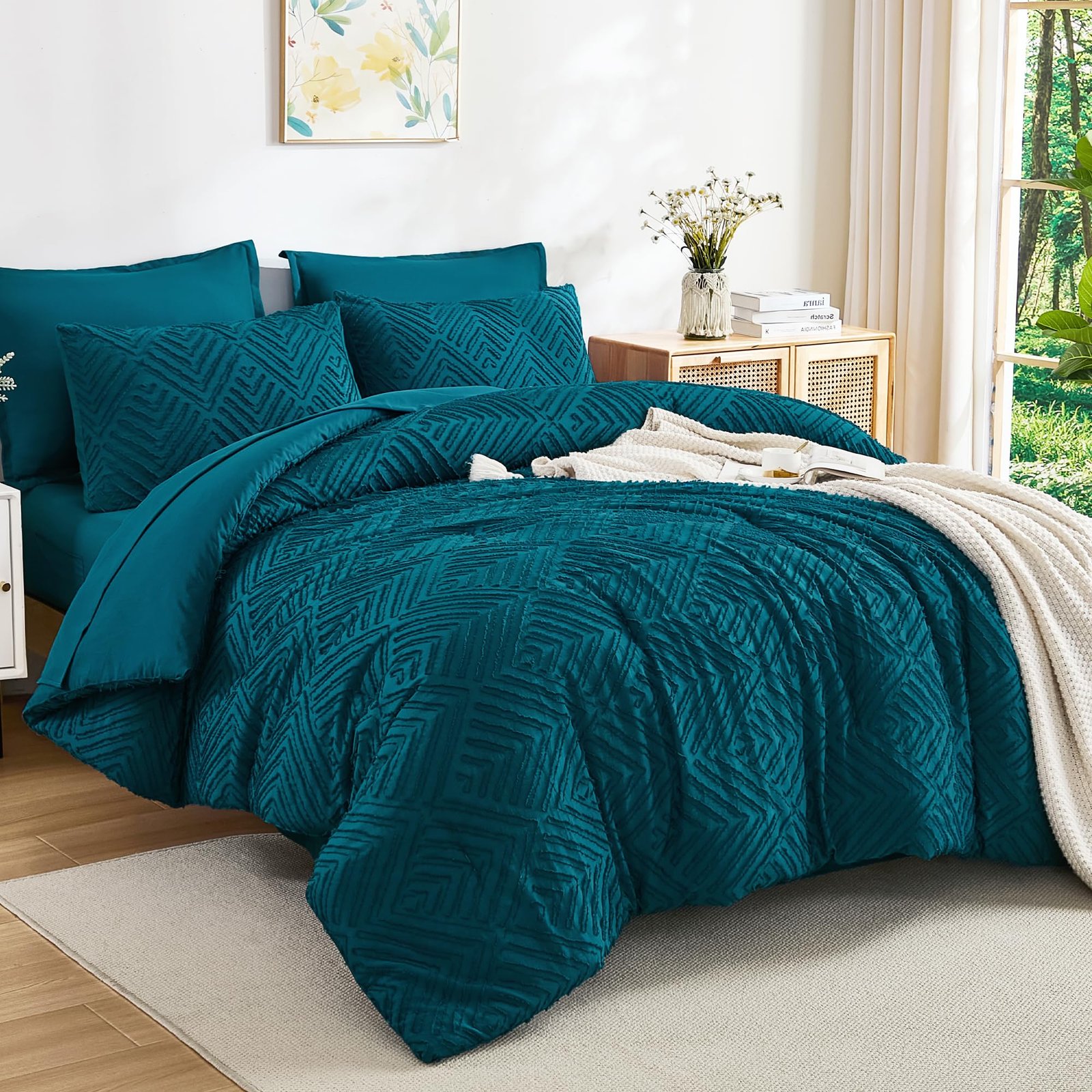 TODD GRIMES King Size Comforter Set 7 Pieces Dark Emerald Green - Bed in a Bag King Boho Lightweight Fluffy Tufted Bedding Sets with Quilt Comforter, Sheets, Pillowcases & Shams - Image 13