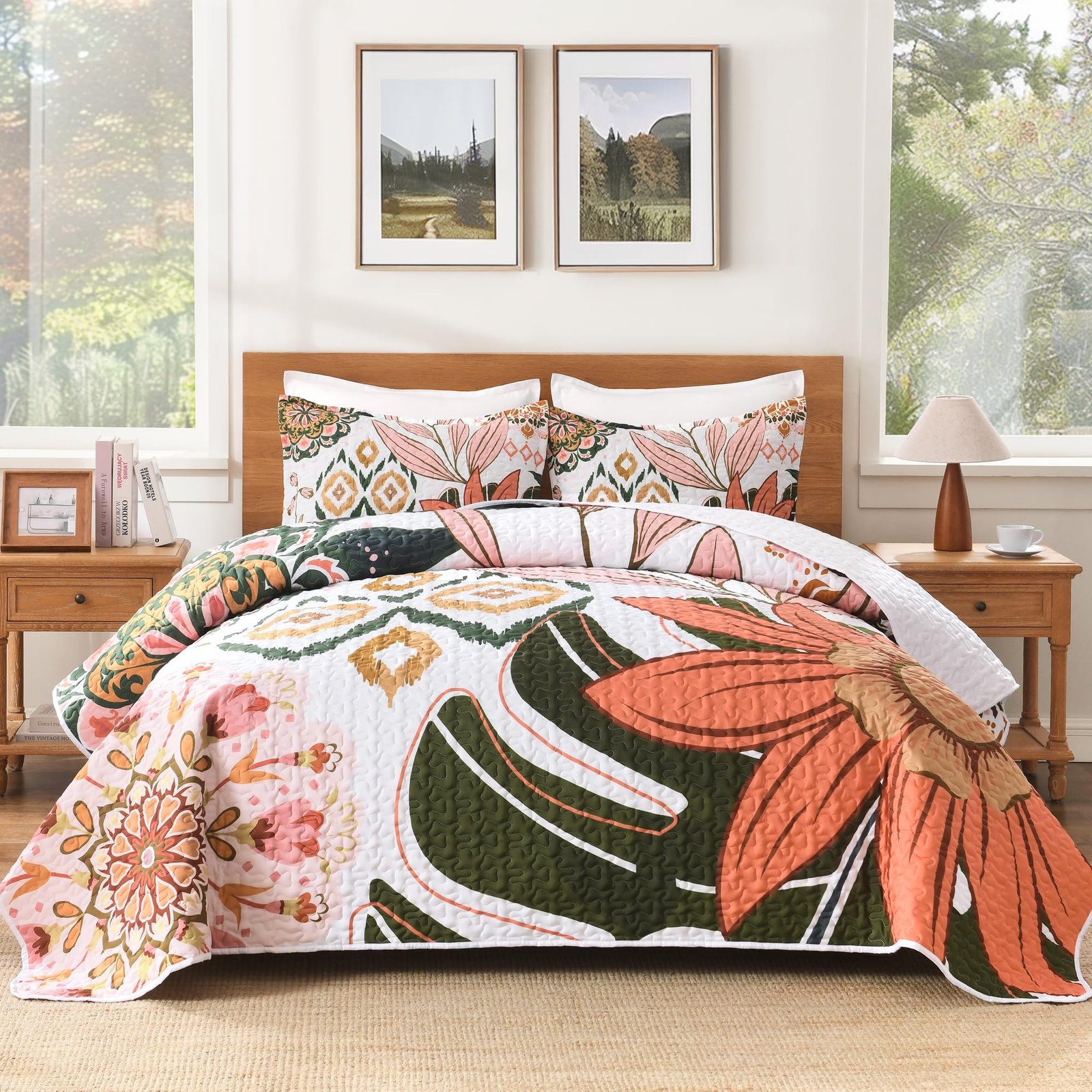 TODD GRIMES Floral Boho Quilt King Size Bedding Set Black, 3 Pieces Farmhouse Flower Botanical Summer Bedspreads with 2 Shams, Soft Reversible Lightweight Microfiber Coverlet Set for All Season, 106 - Image 2