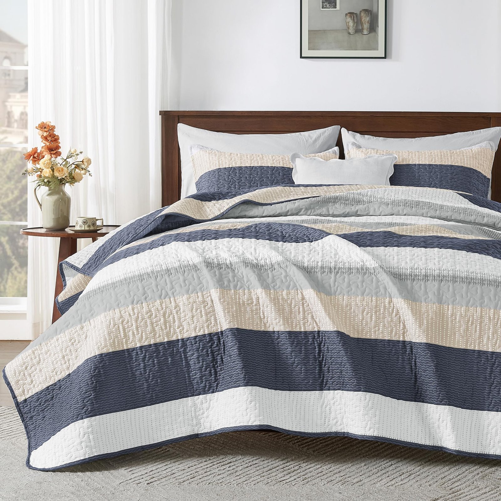 TODD GRIMES King Size Quilt Set Sage Green, 3 Pieces Mint Green Ultra Soft Lightweight Bedspreads & Coverlets Set, Patchwork Striped Quilted Bedding Sets for All Seasons (1 Quilt, 2 Pillow Shams) - Image 14