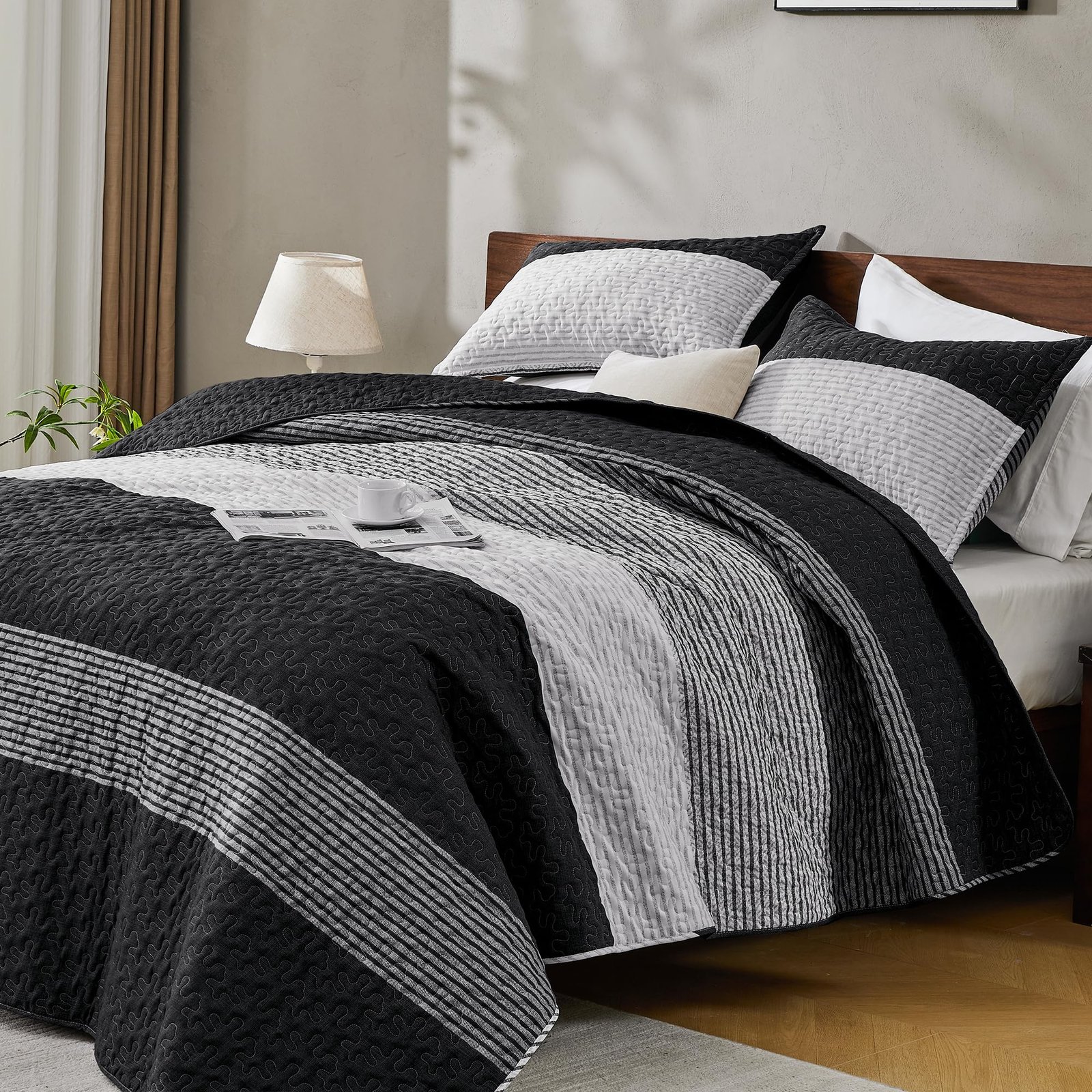 TODD GRIMES King Size Quilt Set Sage Green, 3 Pieces Mint Green Ultra Soft Lightweight Bedspreads & Coverlets Set, Patchwork Striped Quilted Bedding Sets for All Seasons (1 Quilt, 2 Pillow Shams) - Image 7