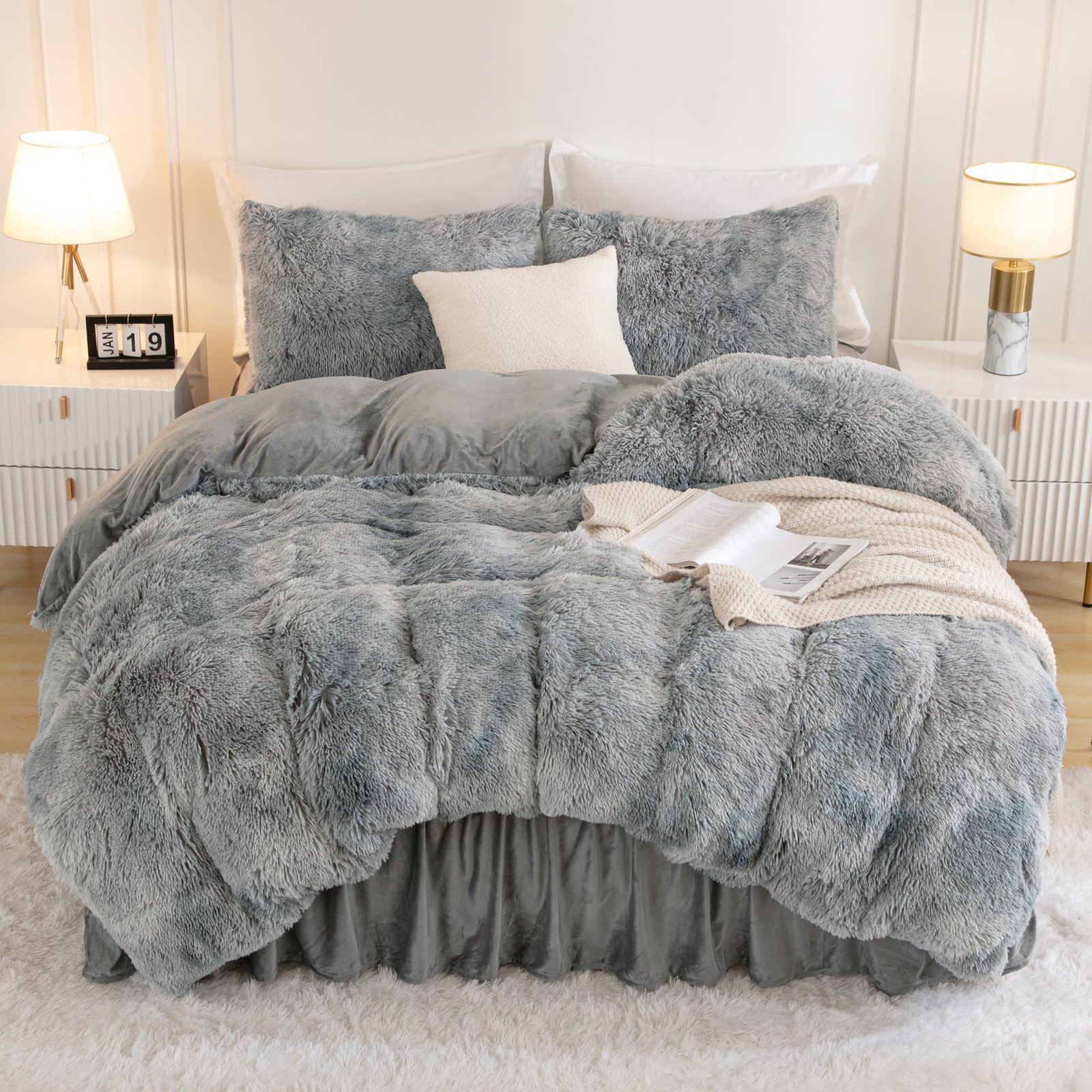 TODD GRIMES Tie-Dyed Grey White Comforter King Size, 3 Pieces Faux Fur Fluffy Fuzzy Plush Bedding Comforter Set, Soft Puffy Comfy Down Comforter Bed Set - Image 8