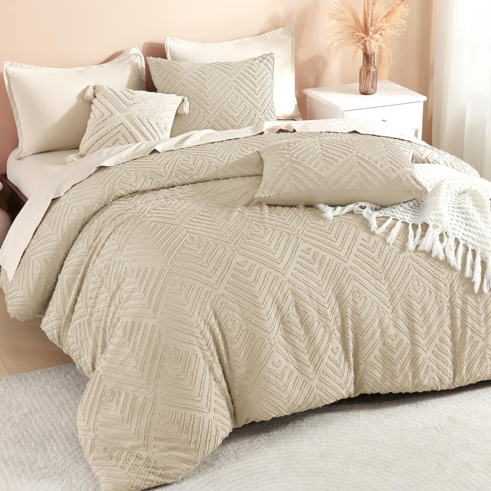 TODD GRIMES Comforter King Size Set Oatmeal, 3 Pieces Boho Tufted Farmhouse Bedding Comforter Sets, Lightweight Fluffy Comforter Bed Set for All Season (104x90In Comforter and 2 Pillowcases) - Image 27
