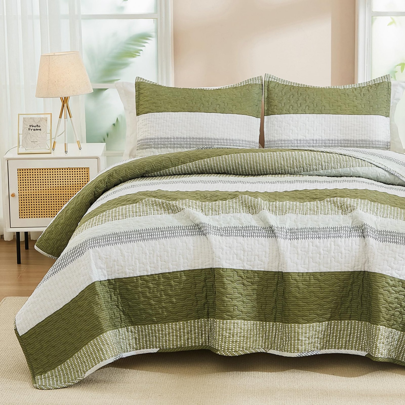 TODD GRIMES King Size Quilt Set Sage Green, 3 Pieces Mint Green Ultra Soft Lightweight Bedspreads & Coverlets Set, Patchwork Striped Quilted Bedding Sets for All Seasons (1 Quilt, 2 Pillow Shams) - Image 32