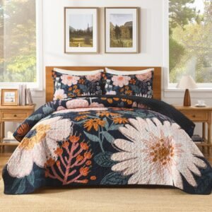 TODD GRIMES Floral Boho Quilt King Size Bedding Set Black, 3 Pieces Farmhouse Flower Botanical Summer Bedspreads with 2 Shams, Soft Reversible Lightweight Microfiber Coverlet Set for All Season, 106