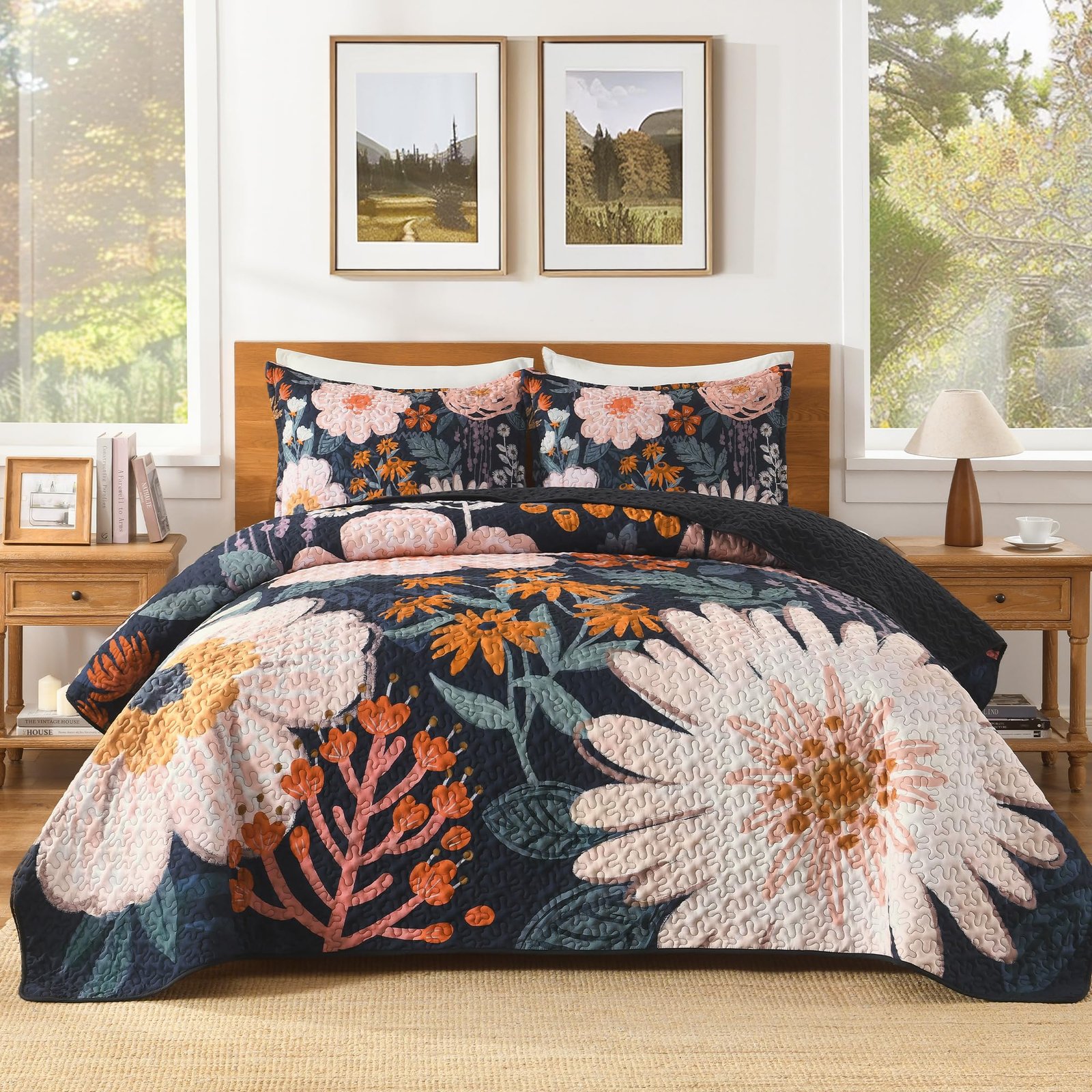TODD GRIMES Floral Boho Quilt King Size Bedding Set Black, 3 Pieces Farmhouse Flower Botanical Summer Bedspreads with 2 Shams, Soft Reversible Lightweight Microfiber Coverlet Set for All Season, 106