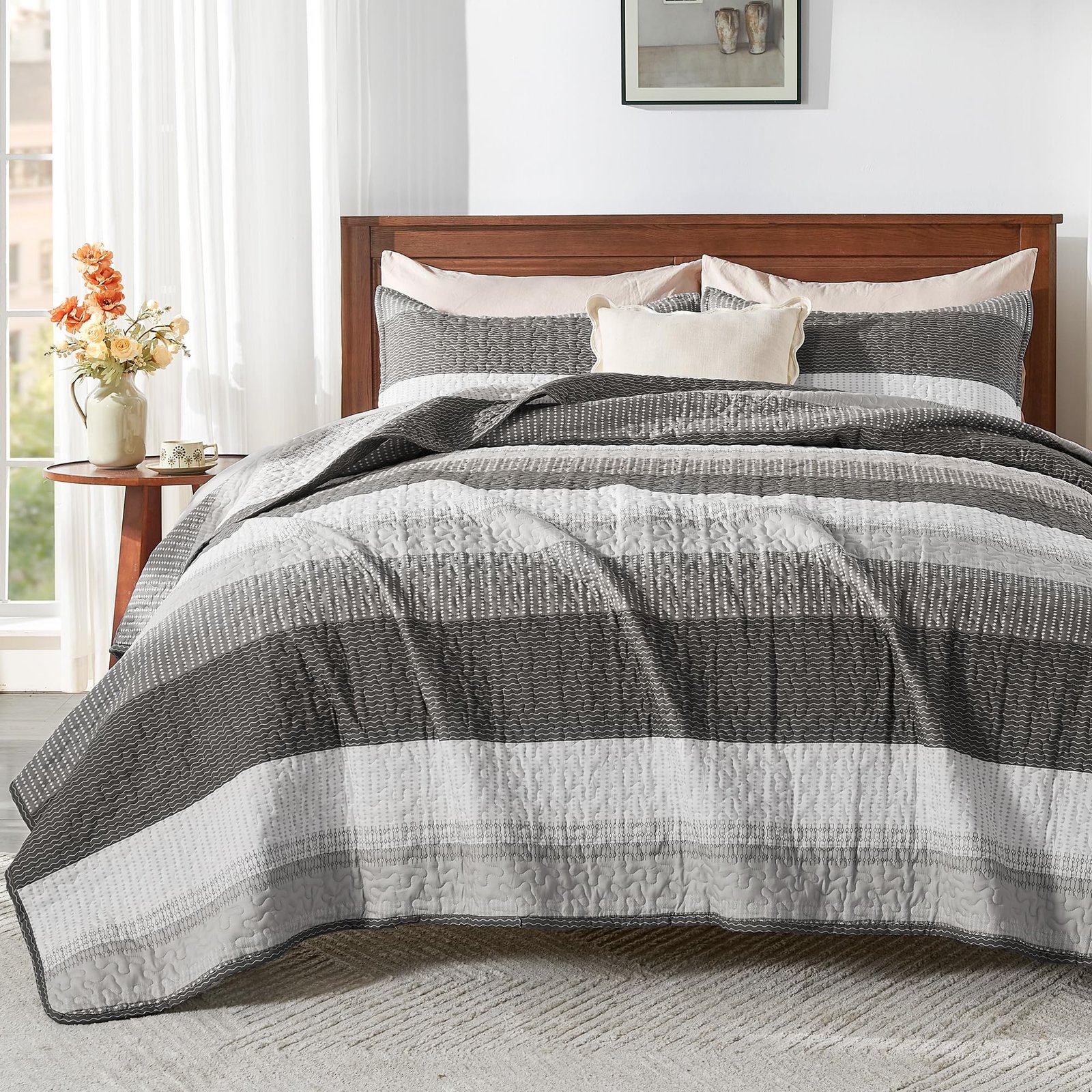 TODD GRIMES King Size Quilt Set Sage Green, 3 Pieces Mint Green Ultra Soft Lightweight Bedspreads & Coverlets Set, Patchwork Striped Quilted Bedding Sets for All Seasons (1 Quilt, 2 Pillow Shams) - Image 4