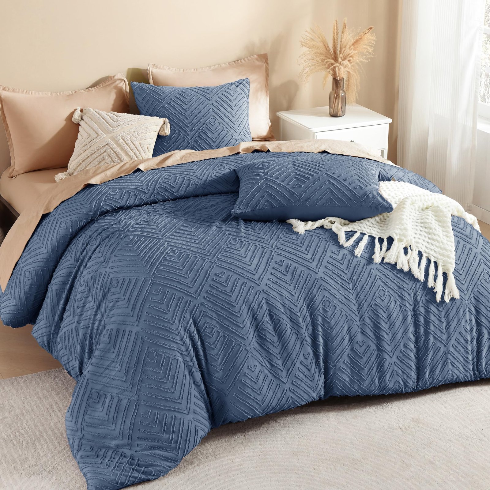 TODD GRIMES Comforter King Size Set Oatmeal, 3 Pieces Boho Tufted Farmhouse Bedding Comforter Sets, Lightweight Fluffy Comforter Bed Set for All Season (104x90In Comforter and 2 Pillowcases) - Image 5