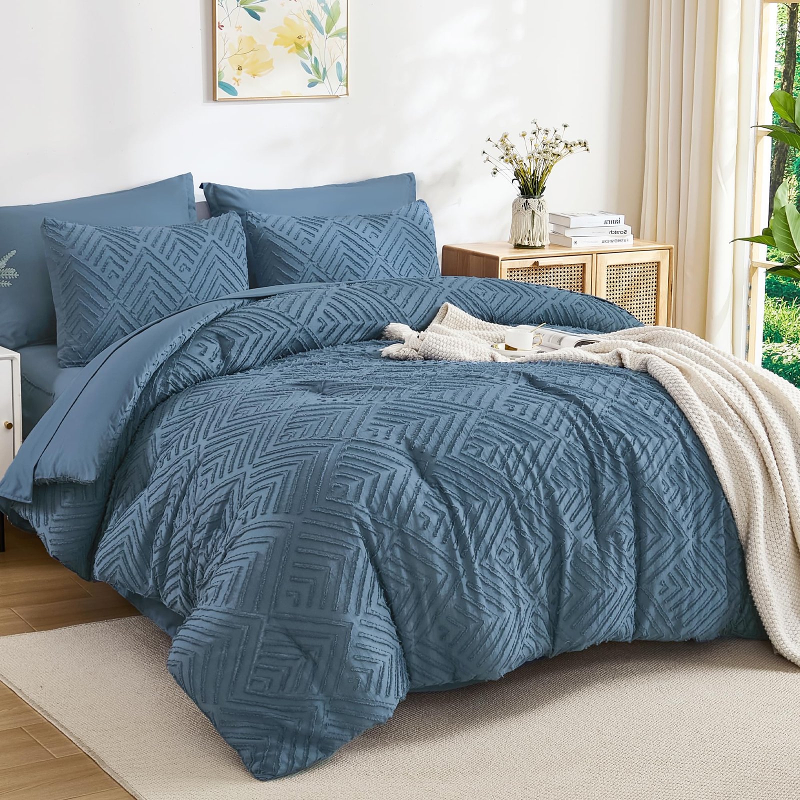 TODD GRIMES King Size Comforter Set 7 Pieces Dark Emerald Green - Bed in a Bag King Boho Lightweight Fluffy Tufted Bedding Sets with Quilt Comforter, Sheets, Pillowcases & Shams - Image 5