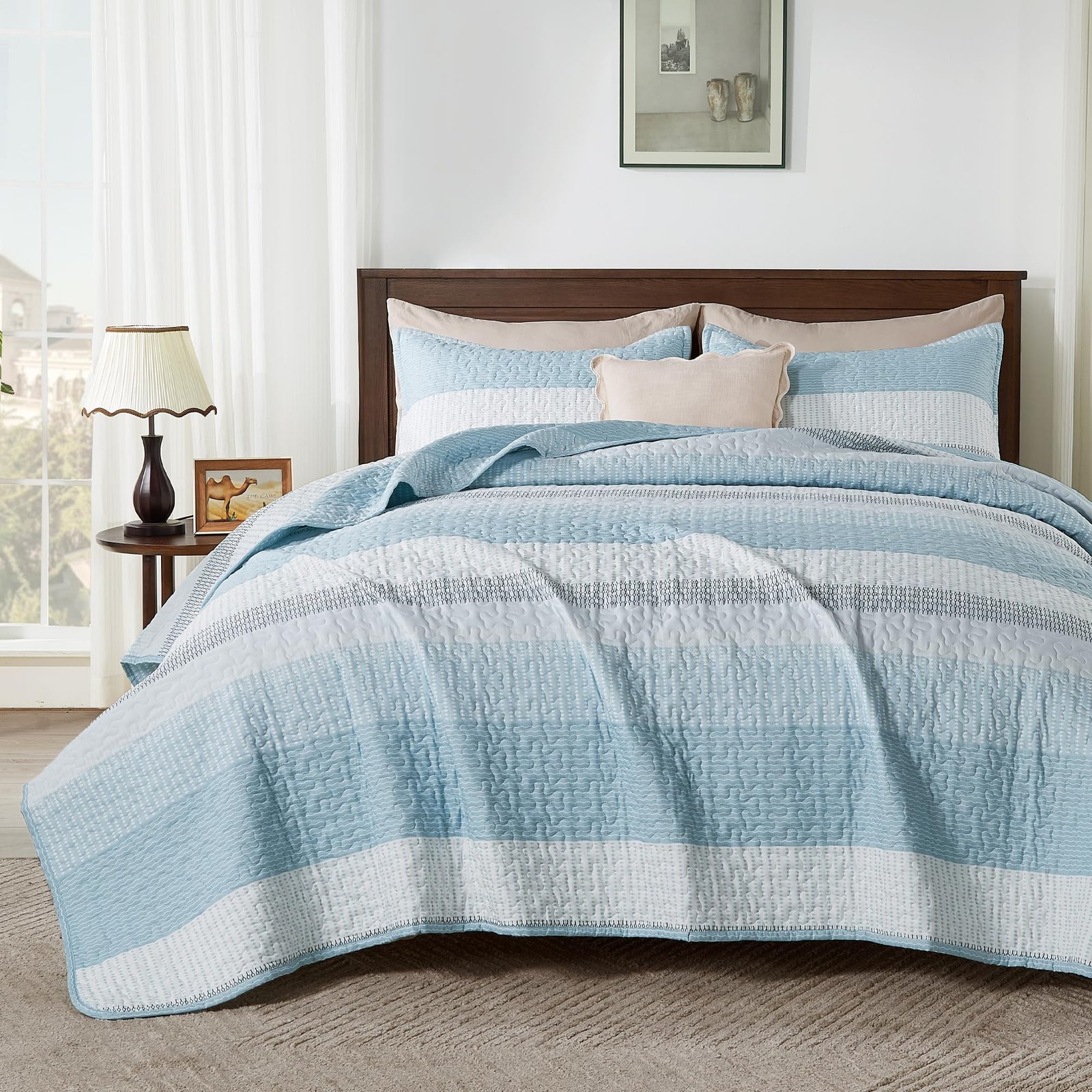 TODD GRIMES King Size Quilt Set Sage Green, 3 Pieces Mint Green Ultra Soft Lightweight Bedspreads & Coverlets Set, Patchwork Striped Quilted Bedding Sets for All Seasons (1 Quilt, 2 Pillow Shams) - Image 2