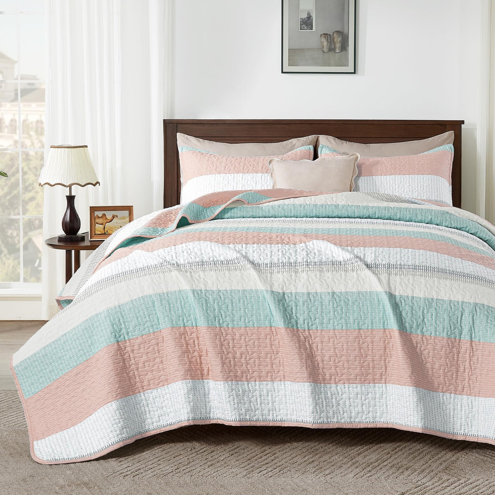 TODD GRIMES King Size Quilt Set Sage Green, 3 Pieces Mint Green Ultra Soft Lightweight Bedspreads & Coverlets Set, Patchwork Striped Quilted Bedding Sets for All Seasons (1 Quilt, 2 Pillow Shams) - Image 9