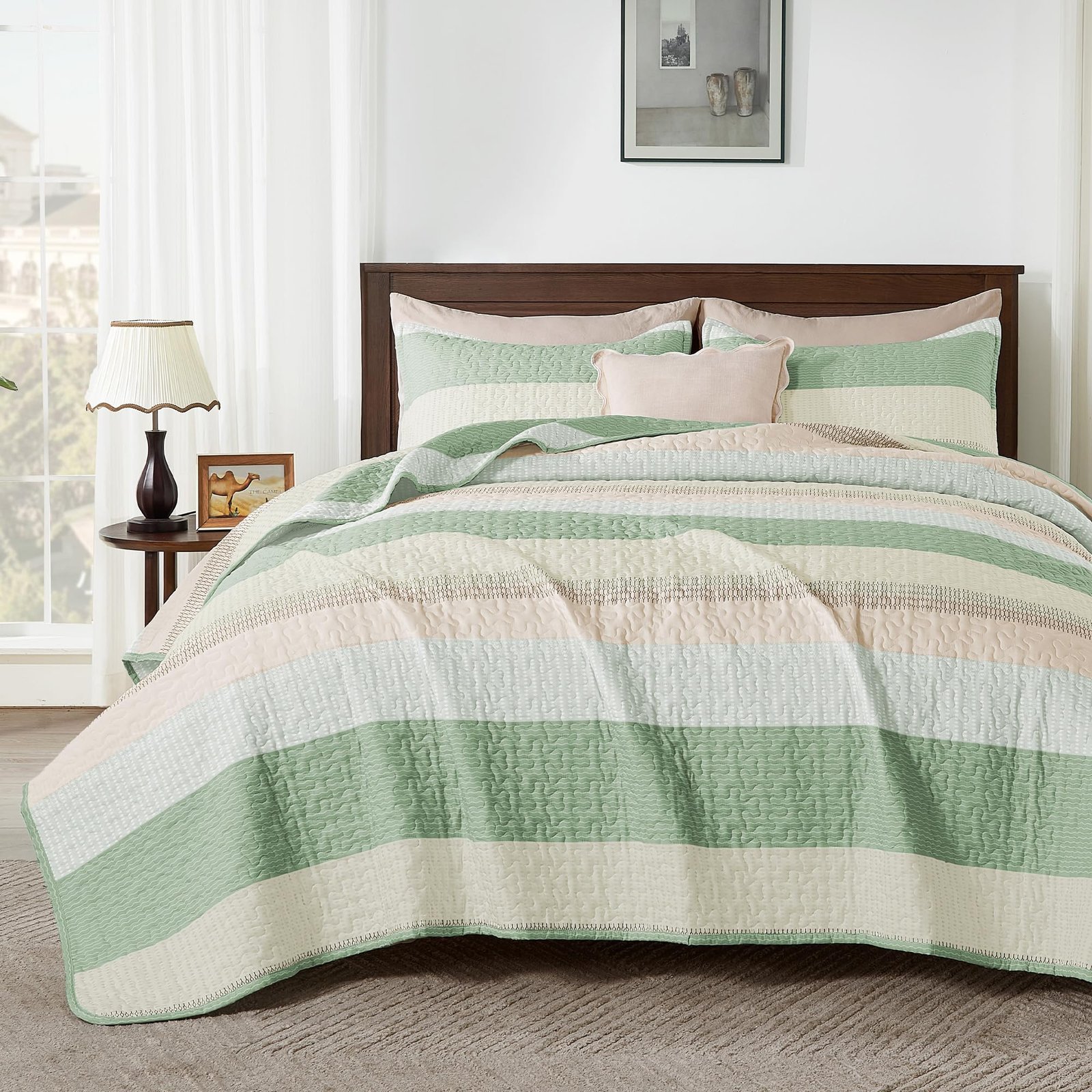 TODD GRIMES King Size Quilt Set Sage Green, 3 Pieces Mint Green Ultra Soft Lightweight Bedspreads & Coverlets Set, Patchwork Striped Quilted Bedding Sets for All Seasons (1 Quilt, 2 Pillow Shams) - Image 13