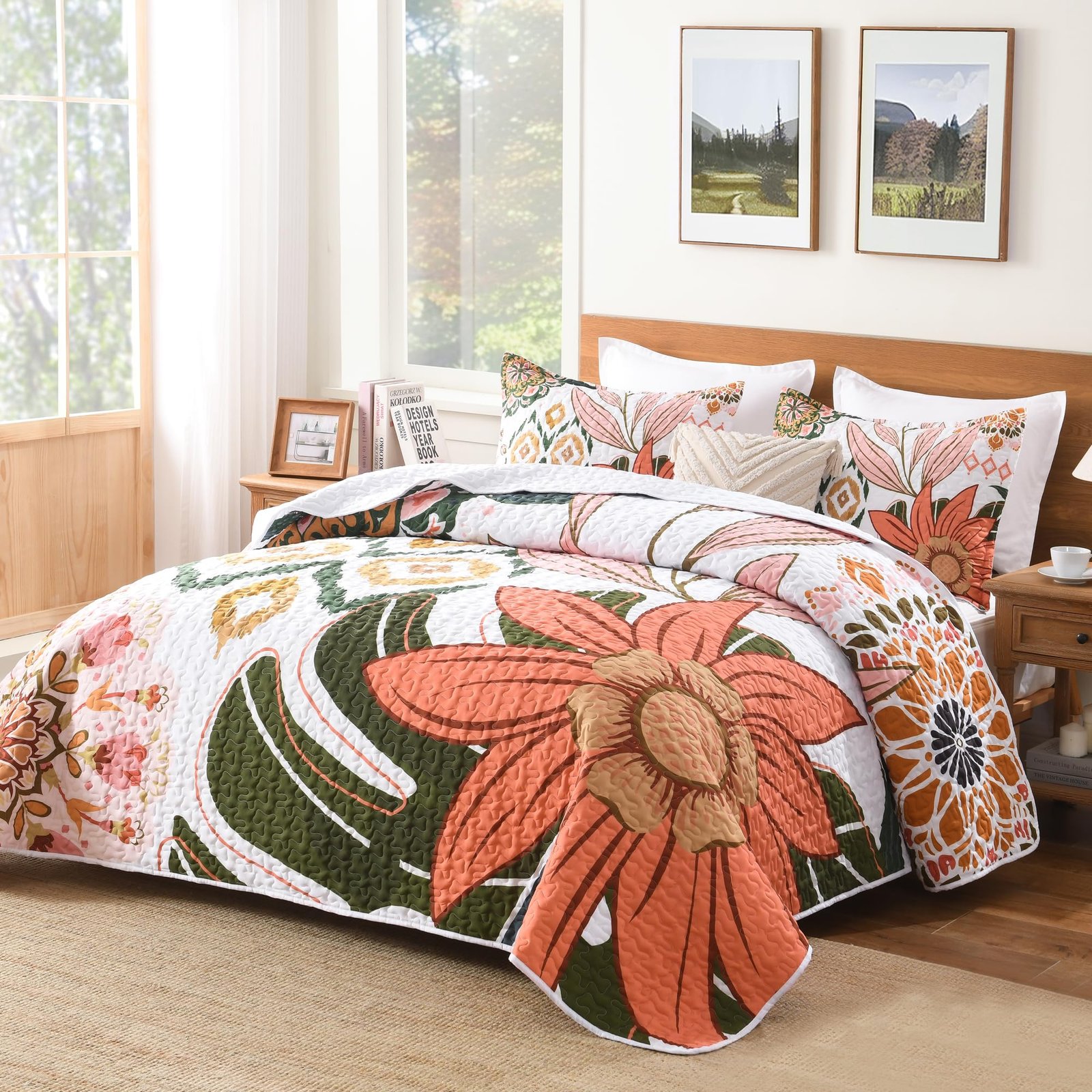 TODD GRIMES Floral Boho Quilt King Size Bedding Set Black, 3 Pieces Farmhouse Flower Botanical Summer Bedspreads with 2 Shams, Soft Reversible Lightweight Microfiber Coverlet Set for All Season, 106 - Image 6