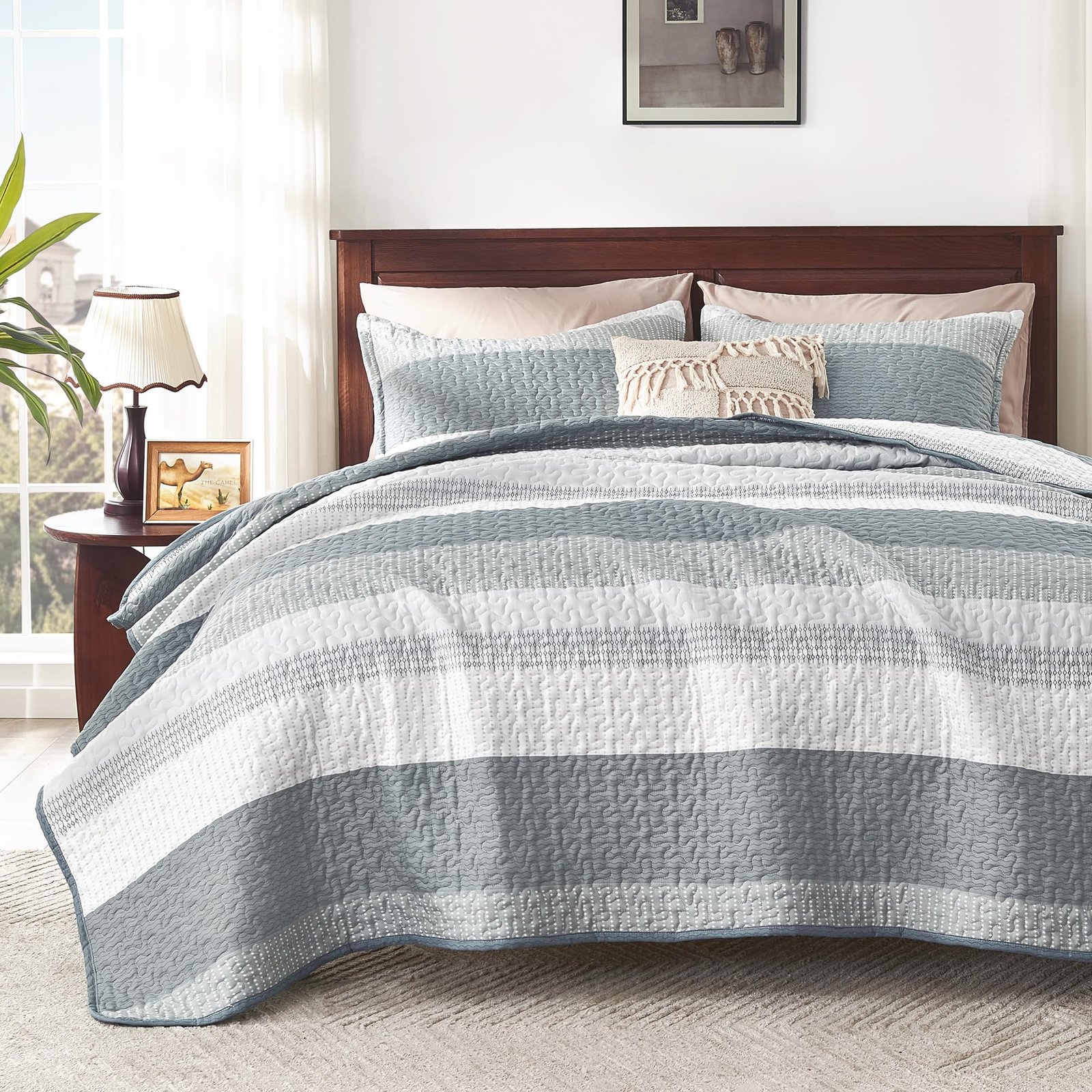 TODD GRIMES King Size Quilt Set Sage Green, 3 Pieces Mint Green Ultra Soft Lightweight Bedspreads & Coverlets Set, Patchwork Striped Quilted Bedding Sets for All Seasons (1 Quilt, 2 Pillow Shams) - Image 3