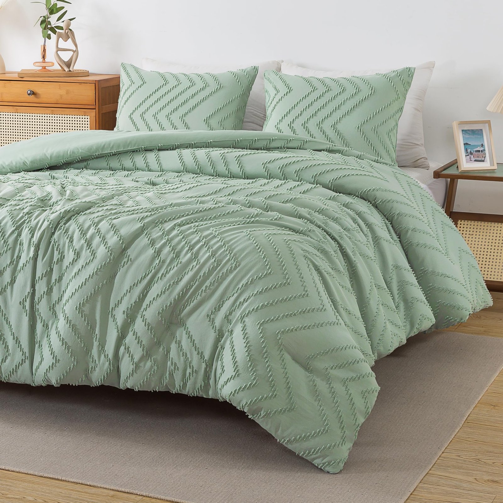 TODD GRIMES King Size Comforter Set Beige, Boho Cream Soft Warm Tufted Neutral Bedding Comforter Sets for King Size Bed, 3 Pieces Aesthetic Chevron Farmhouse Cute Bohemian Textured Bedding Set - Image 7