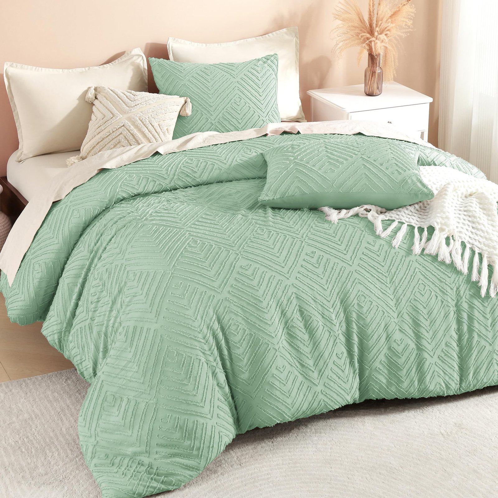 TODD GRIMES Comforter King Size Set Oatmeal, 3 Pieces Boho Tufted Farmhouse Bedding Comforter Sets, Lightweight Fluffy Comforter Bed Set for All Season (104x90In Comforter and 2 Pillowcases) - Image 10