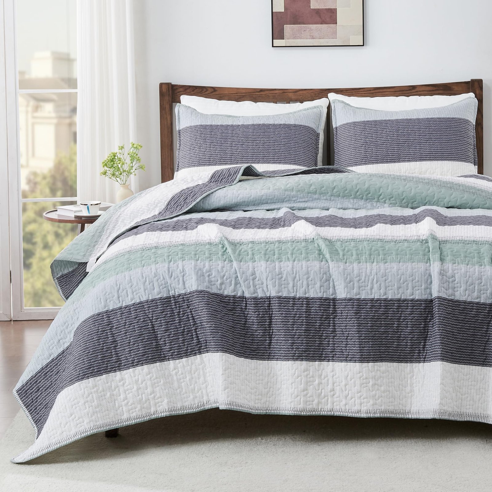 TODD GRIMES King Size Quilt Set Sage Green, 3 Pieces Mint Green Ultra Soft Lightweight Bedspreads & Coverlets Set, Patchwork Striped Quilted Bedding Sets for All Seasons (1 Quilt, 2 Pillow Shams) - Image 6