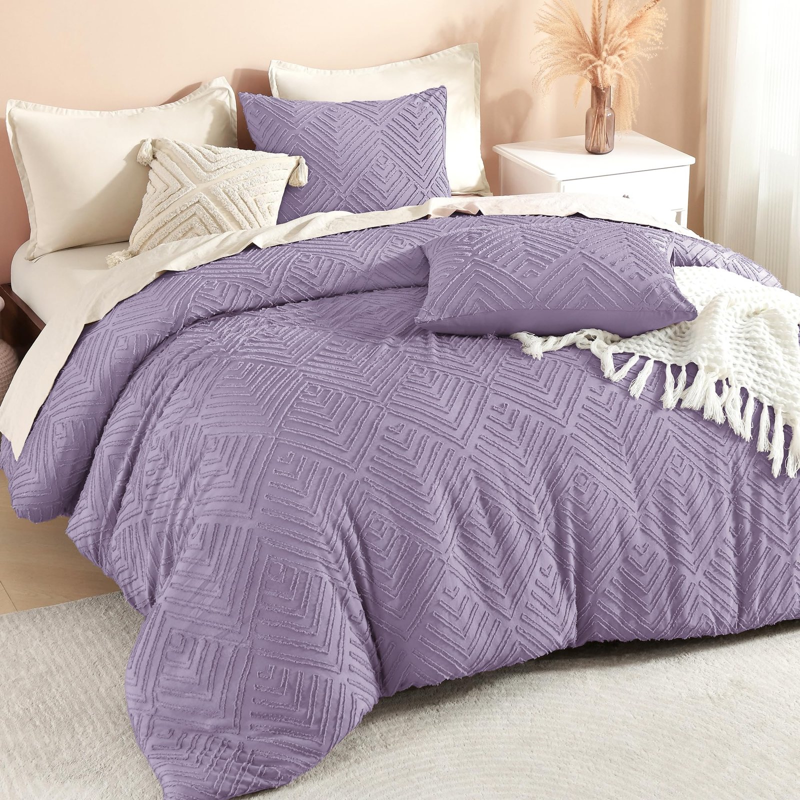 TODD GRIMES Comforter King Size Set Oatmeal, 3 Pieces Boho Tufted Farmhouse Bedding Comforter Sets, Lightweight Fluffy Comforter Bed Set for All Season (104x90In Comforter and 2 Pillowcases) - Image 13