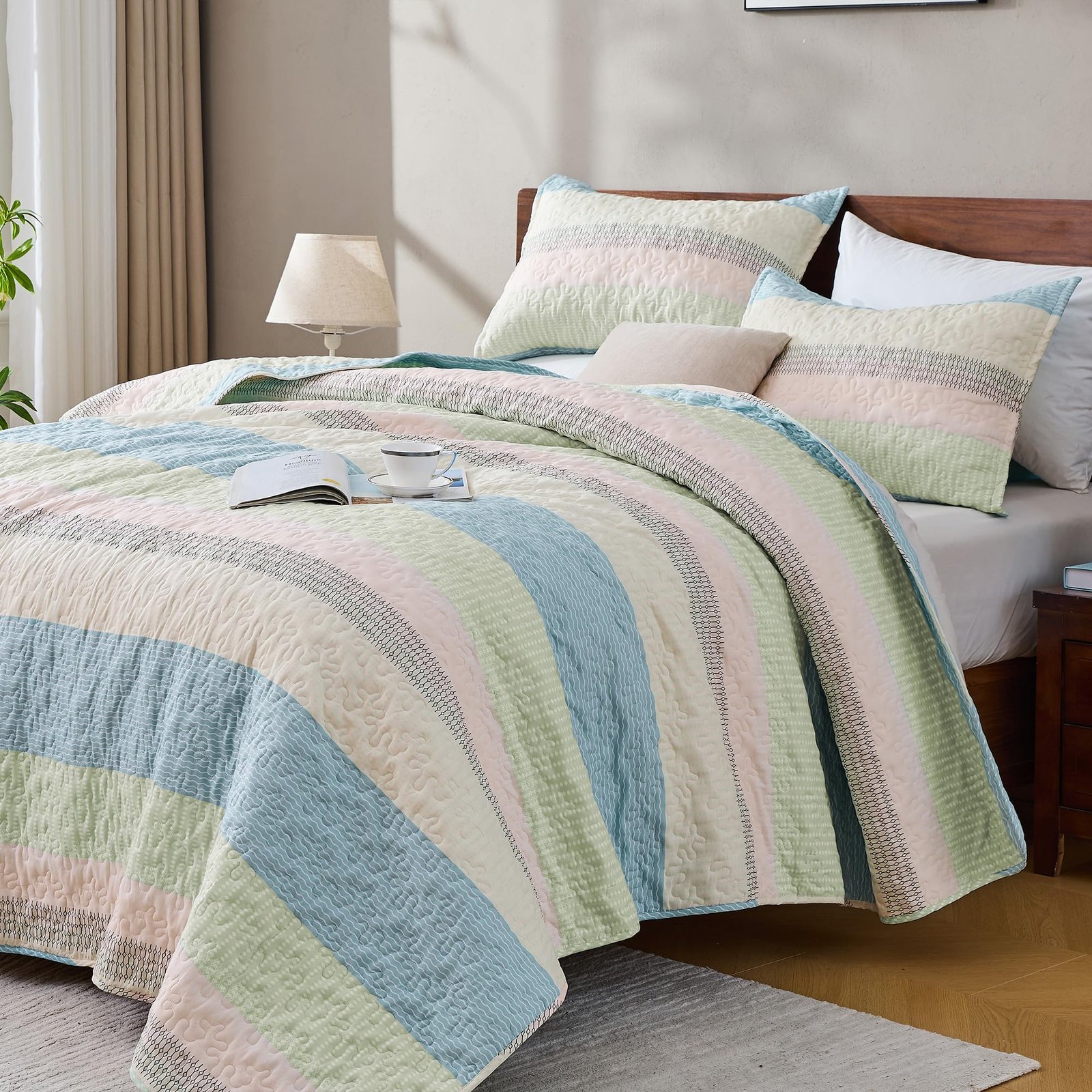 TODD GRIMES King Size Quilt Set Sage Green, 3 Pieces Mint Green Ultra Soft Lightweight Bedspreads & Coverlets Set, Patchwork Striped Quilted Bedding Sets for All Seasons (1 Quilt, 2 Pillow Shams) - Image 11