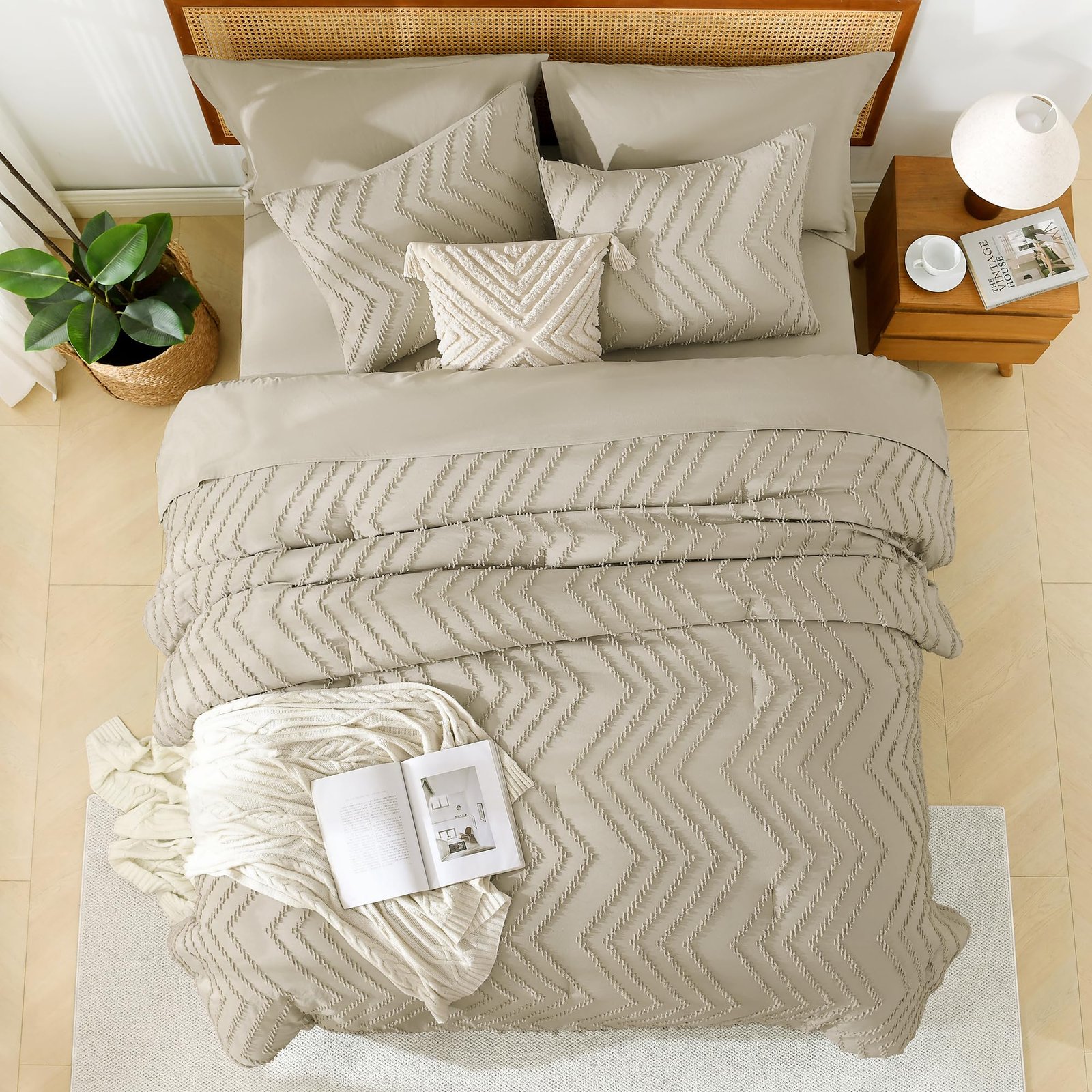 TODD GRIMES King Size Comforter Set with Sheets Beige - 7 Pieces Bed in a Bag King Chevron Tufted Boho Luxury Bedding Sets with Comforter, Sheets, Pillowcases & Shams - Image 29