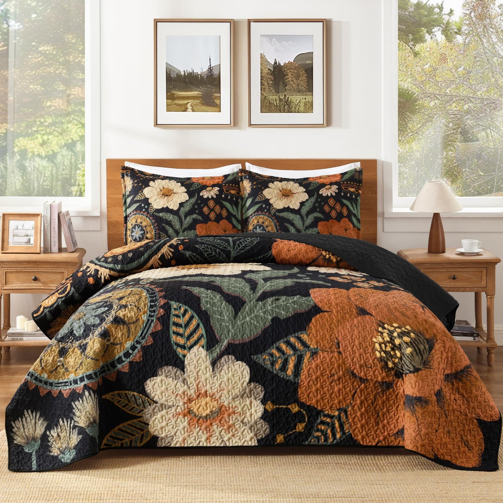 TODD GRIMES Floral Boho Quilt King Size Bedding Set Black, 3 Pieces Farmhouse Flower Botanical Summer Bedspreads with 2 Shams, Soft Reversible Lightweight Microfiber Coverlet Set for All Season, 106 - Image 7