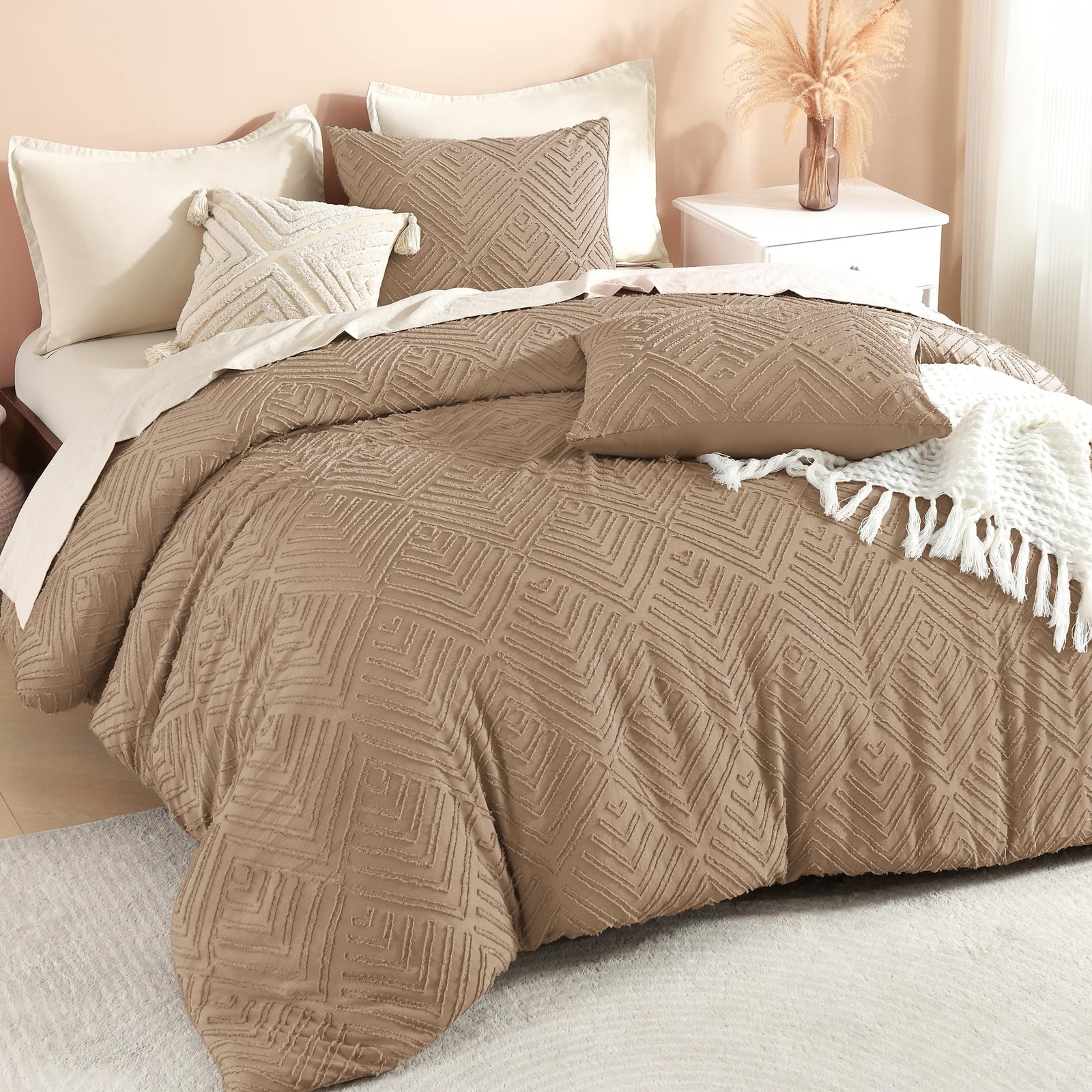 TODD GRIMES Comforter King Size Set Oatmeal, 3 Pieces Boho Tufted Farmhouse Bedding Comforter Sets, Lightweight Fluffy Comforter Bed Set for All Season (104x90In Comforter and 2 Pillowcases) - Image 20