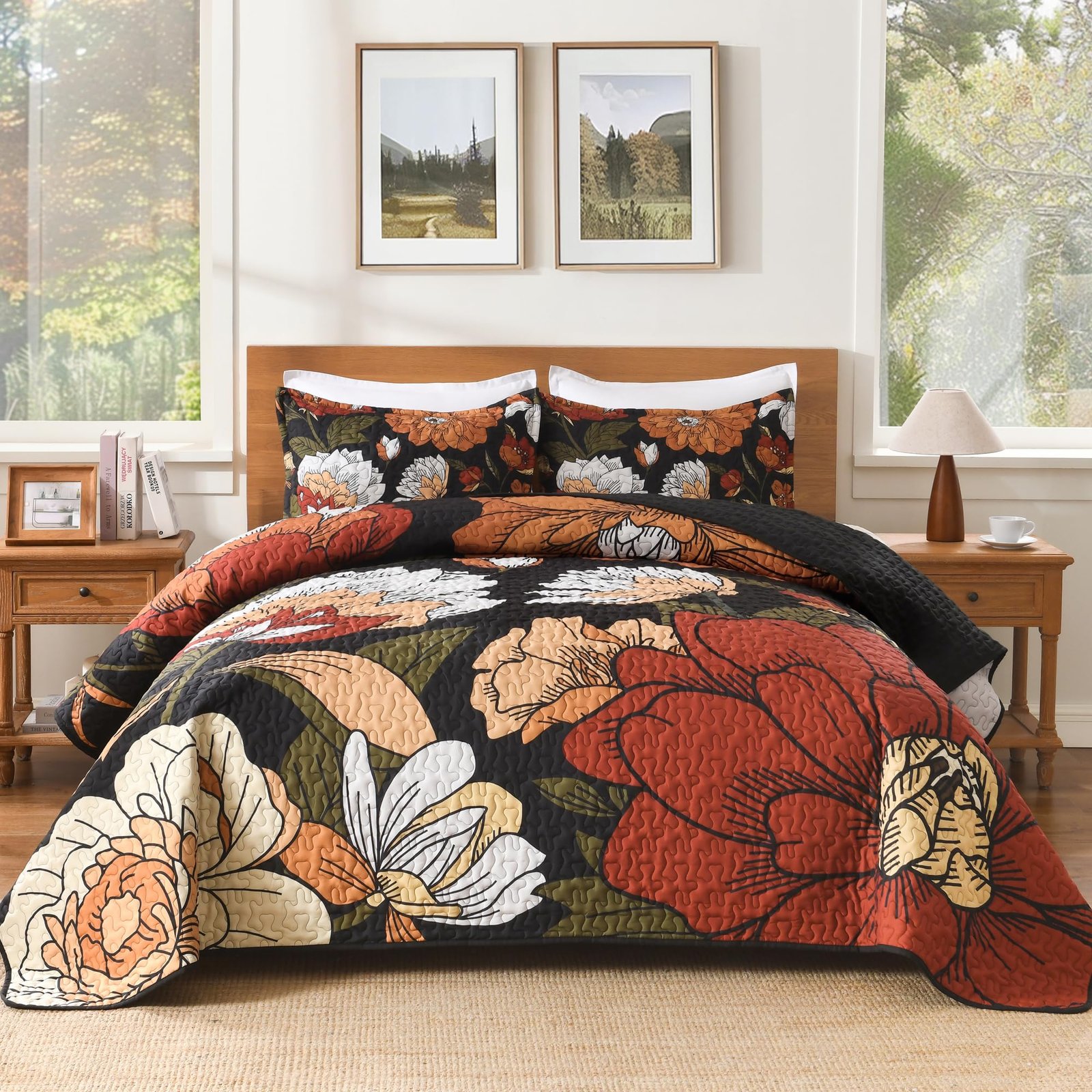 TODD GRIMES Floral Boho Quilt King Size Bedding Set Black, 3 Pieces Farmhouse Flower Botanical Summer Bedspreads with 2 Shams, Soft Reversible Lightweight Microfiber Coverlet Set for All Season, 106 - Image 4